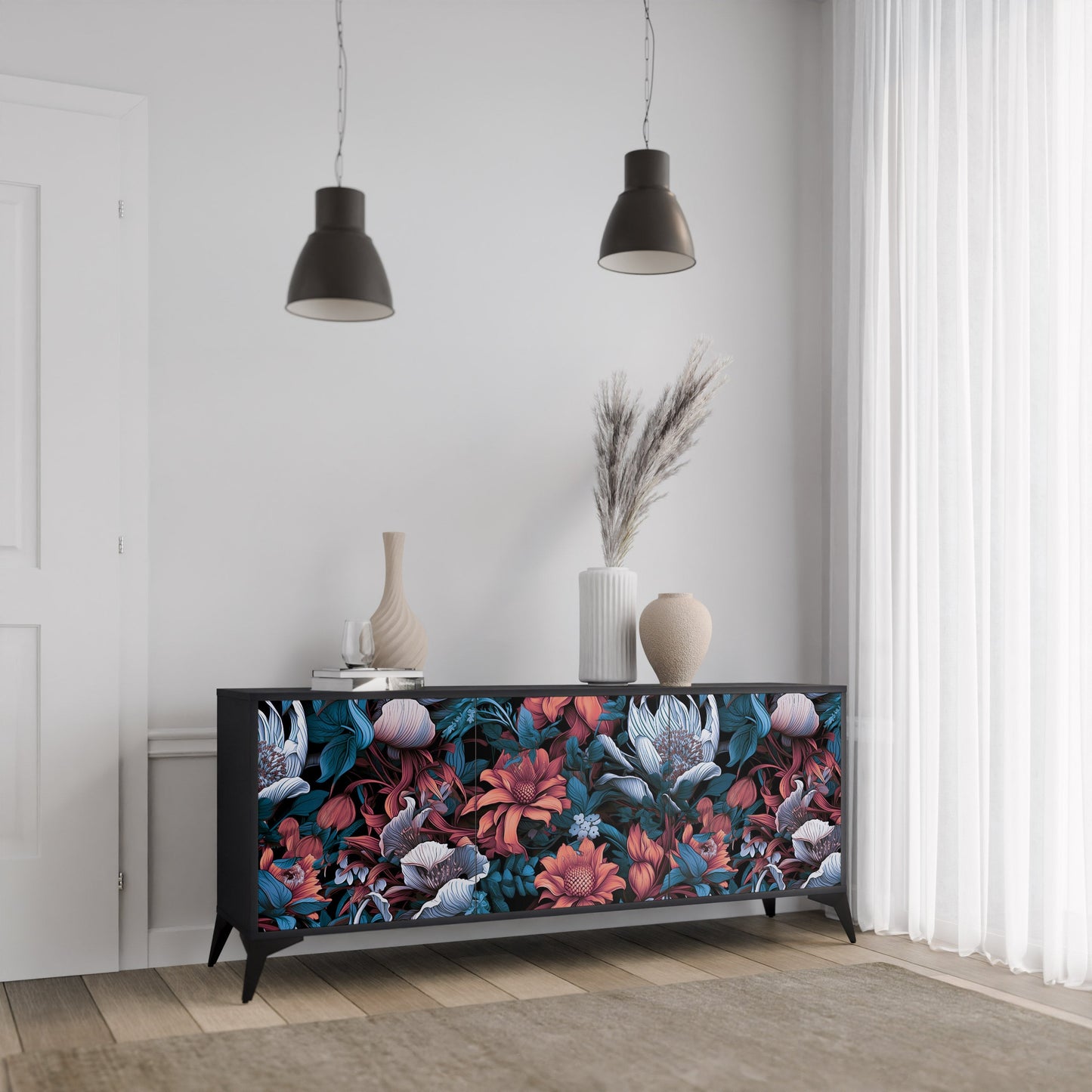 Credenza ETHEREAL BLOSSOMS a 3 ante in finitura nera