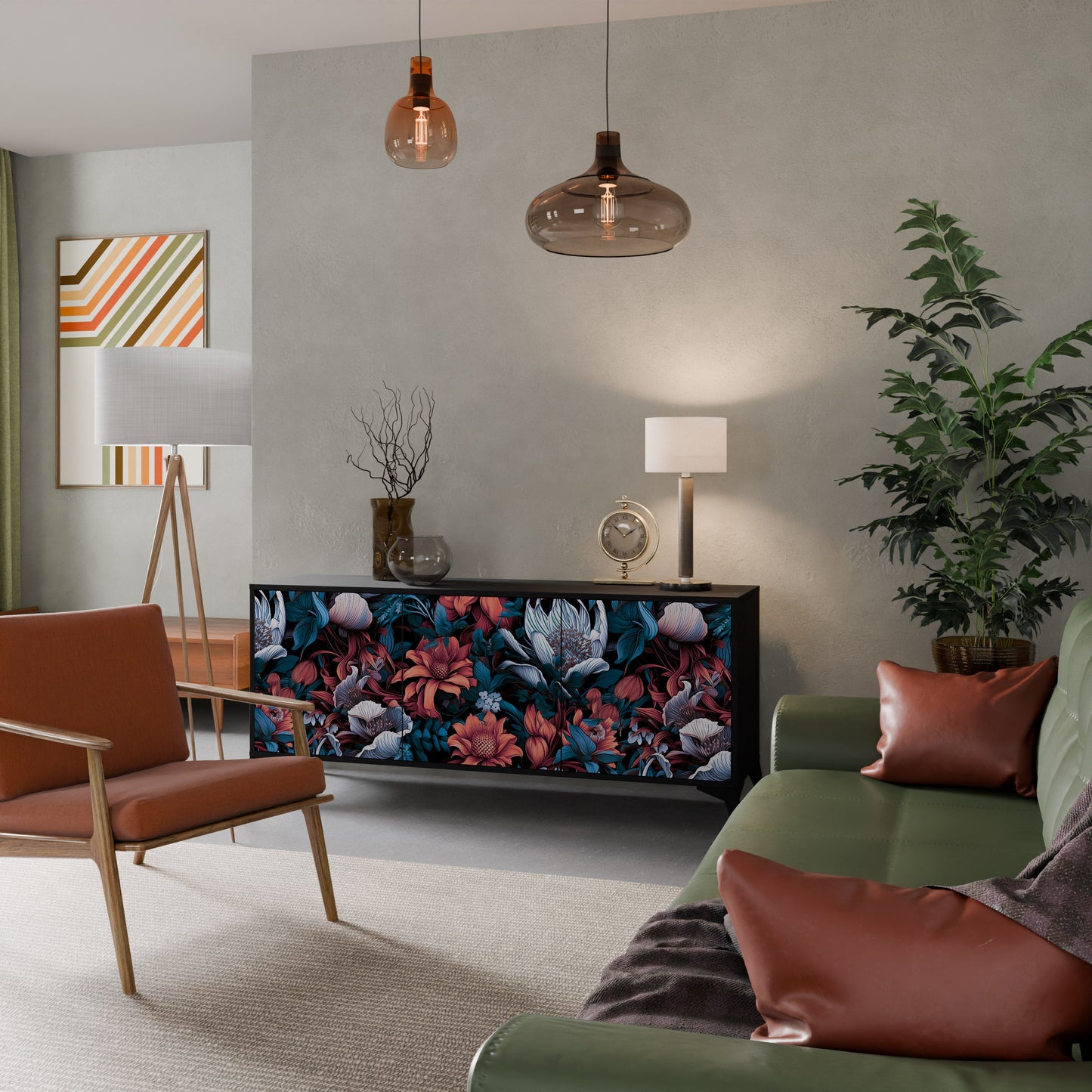 Credenza ETHEREAL BLOSSOMS a 3 ante in finitura nera
