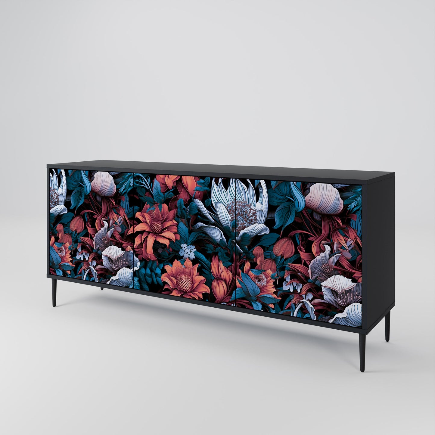 Credenza ETHEREAL BLOSSOMS a 3 ante in finitura nera