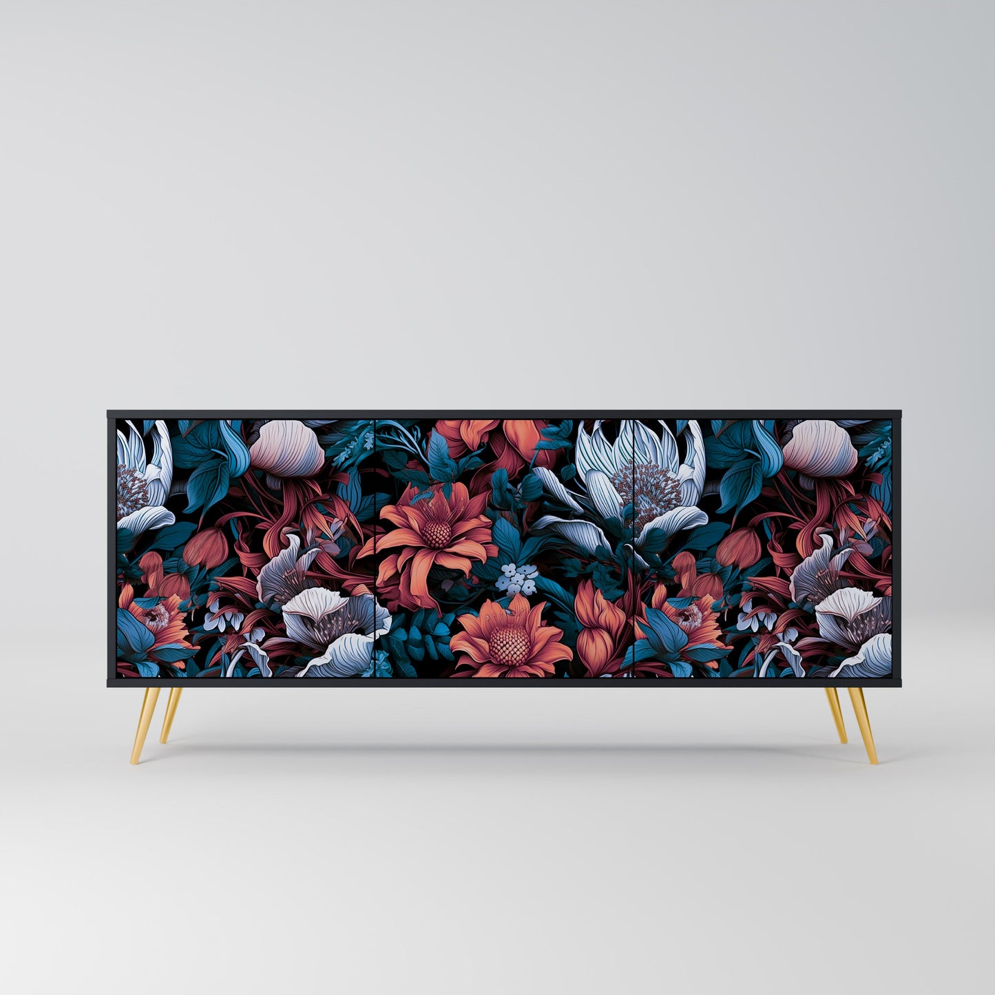 Credenza ETHEREAL BLOSSOMS a 3 ante in finitura nera
