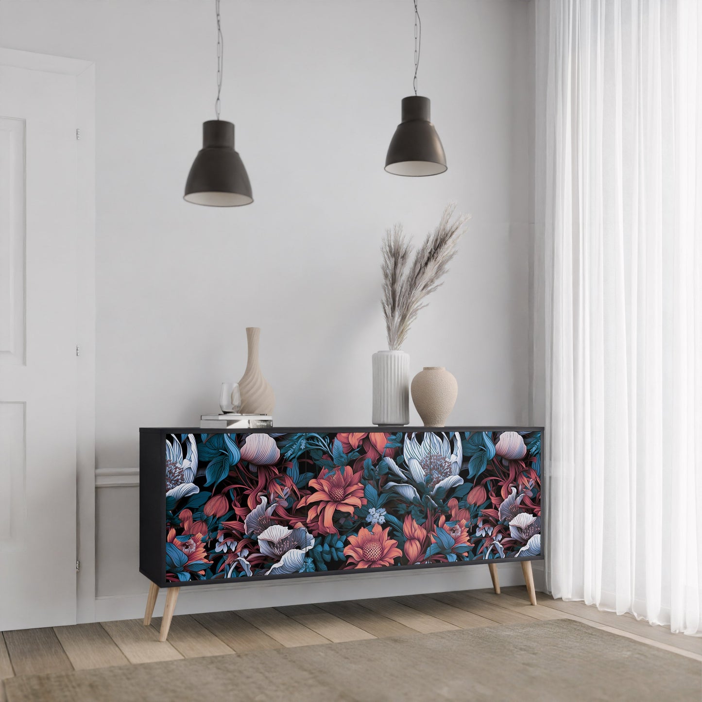 Credenza ETHEREAL BLOSSOMS a 3 ante in finitura nera