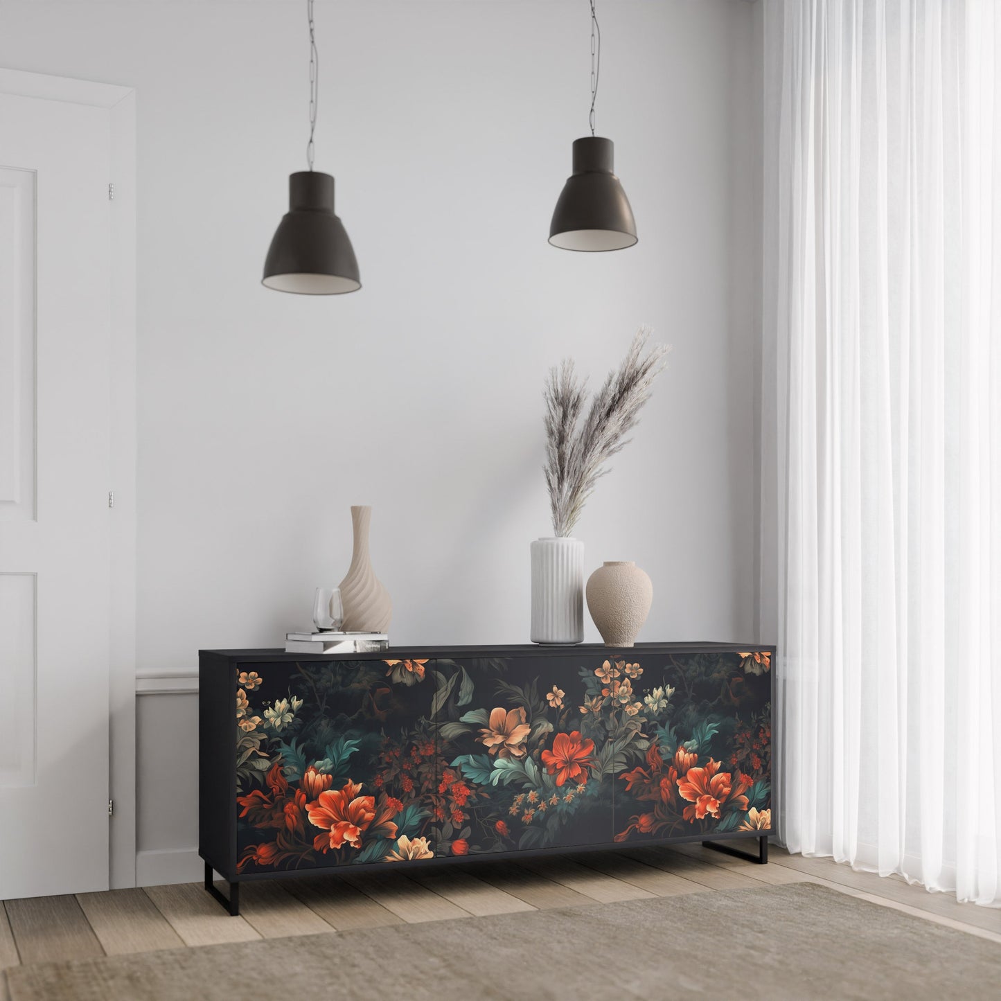 Credenza a 3 ante IMAGINARY BLOSSOM in finitura nera