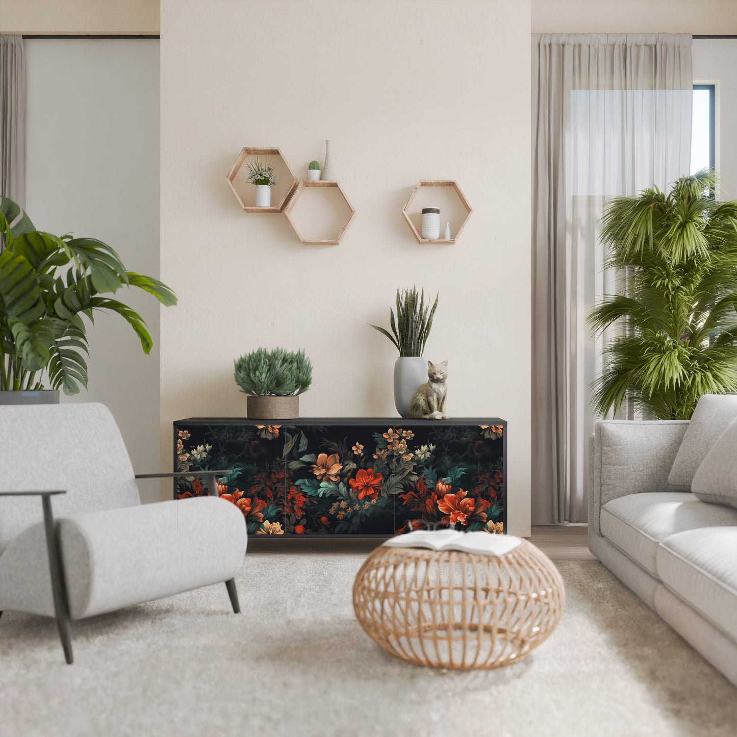 Credenza a 3 ante IMAGINARY BLOSSOM in finitura nera