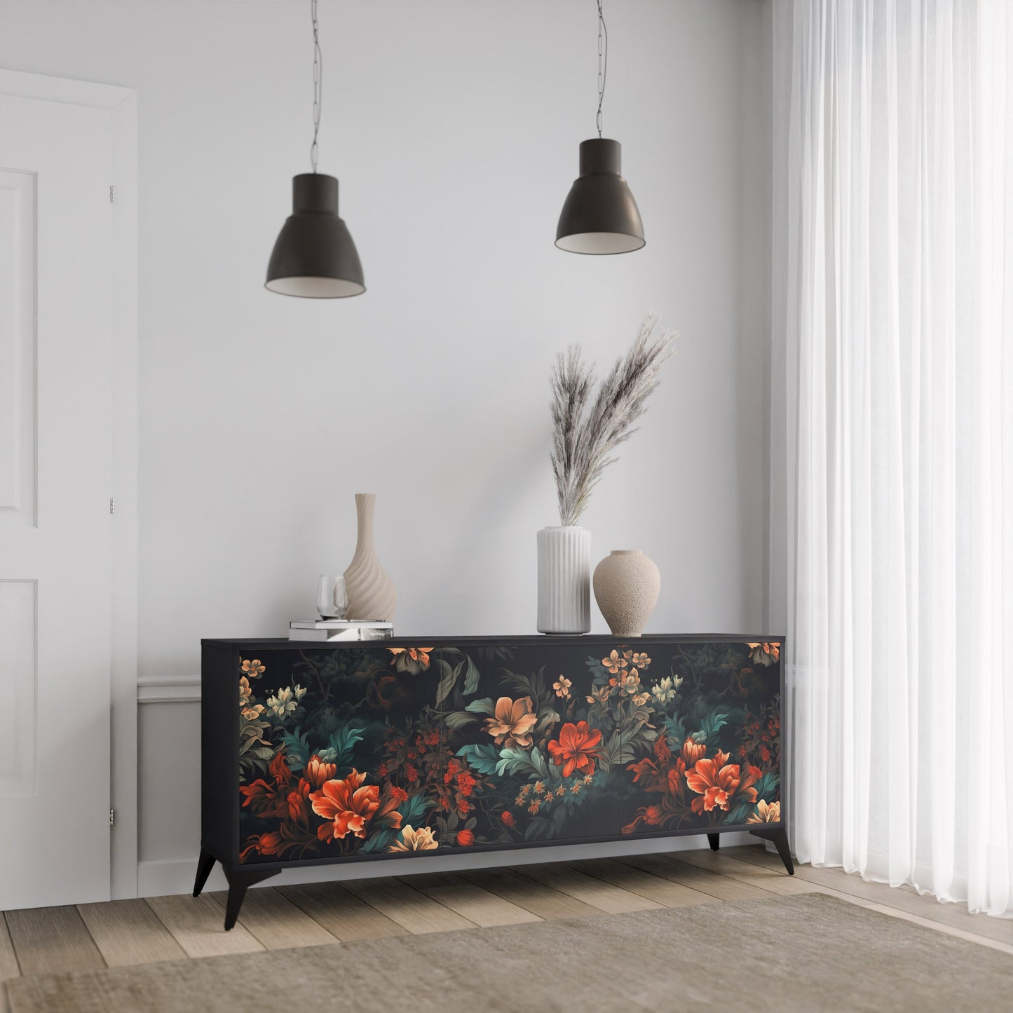 Credenza a 3 ante IMAGINARY BLOSSOM in finitura nera