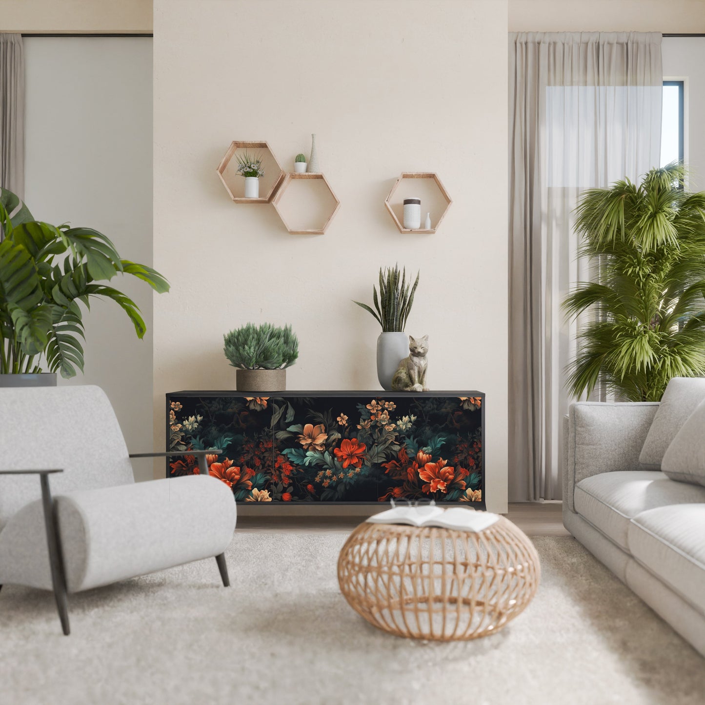 Credenza a 3 ante IMAGINARY BLOSSOM in finitura nera