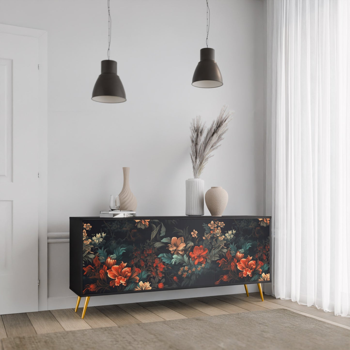 Credenza a 3 ante IMAGINARY BLOSSOM in finitura nera