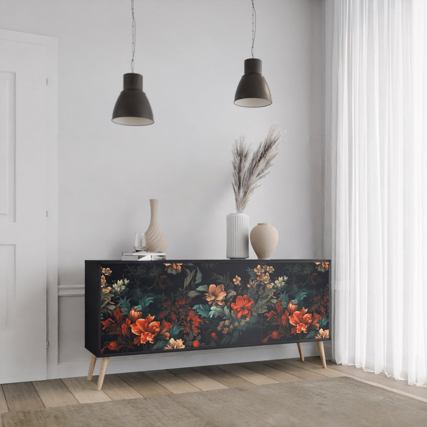 Credenza a 3 ante IMAGINARY BLOSSOM in finitura nera