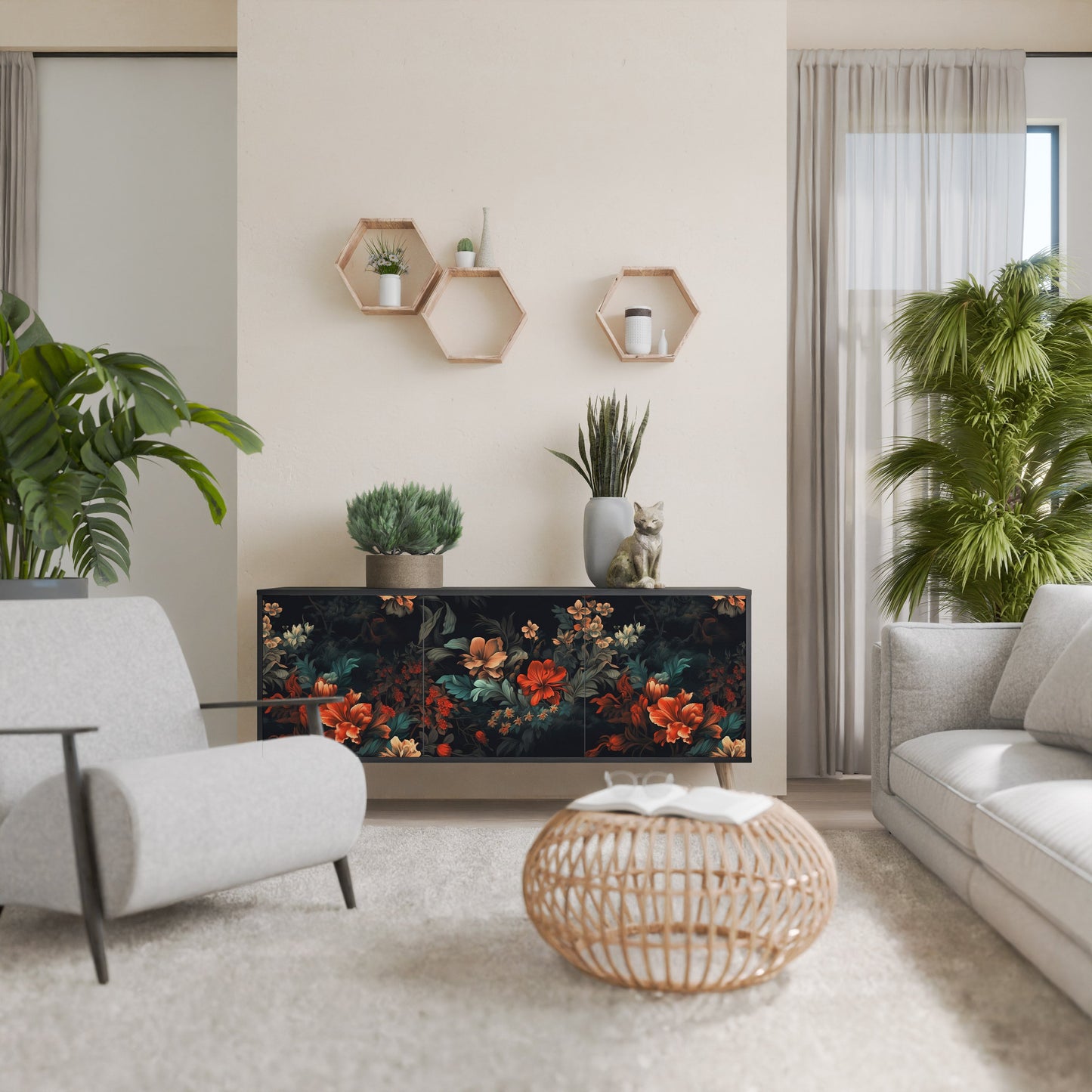 Credenza a 3 ante IMAGINARY BLOSSOM in finitura nera