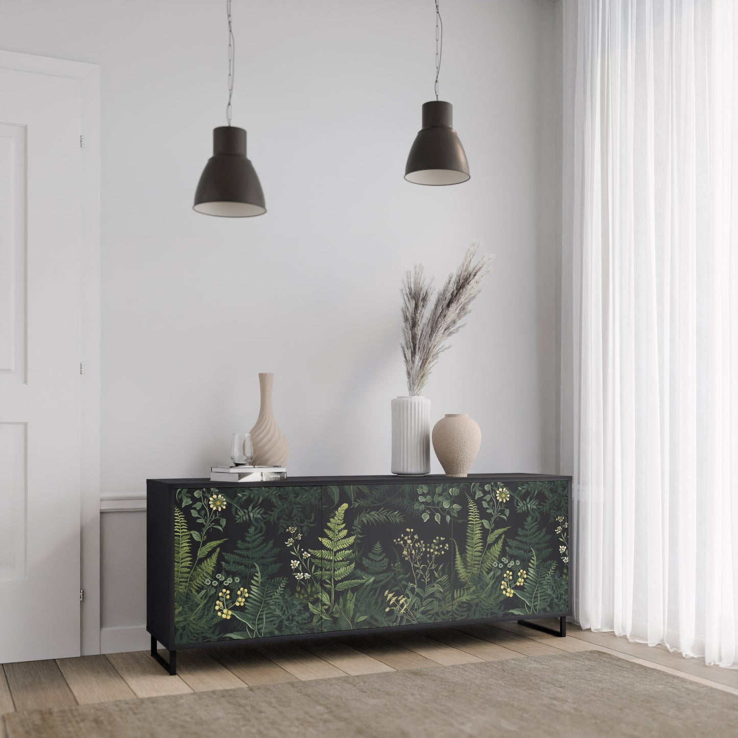 Credenza a 3 ante FERN FLOWERS in finitura nera