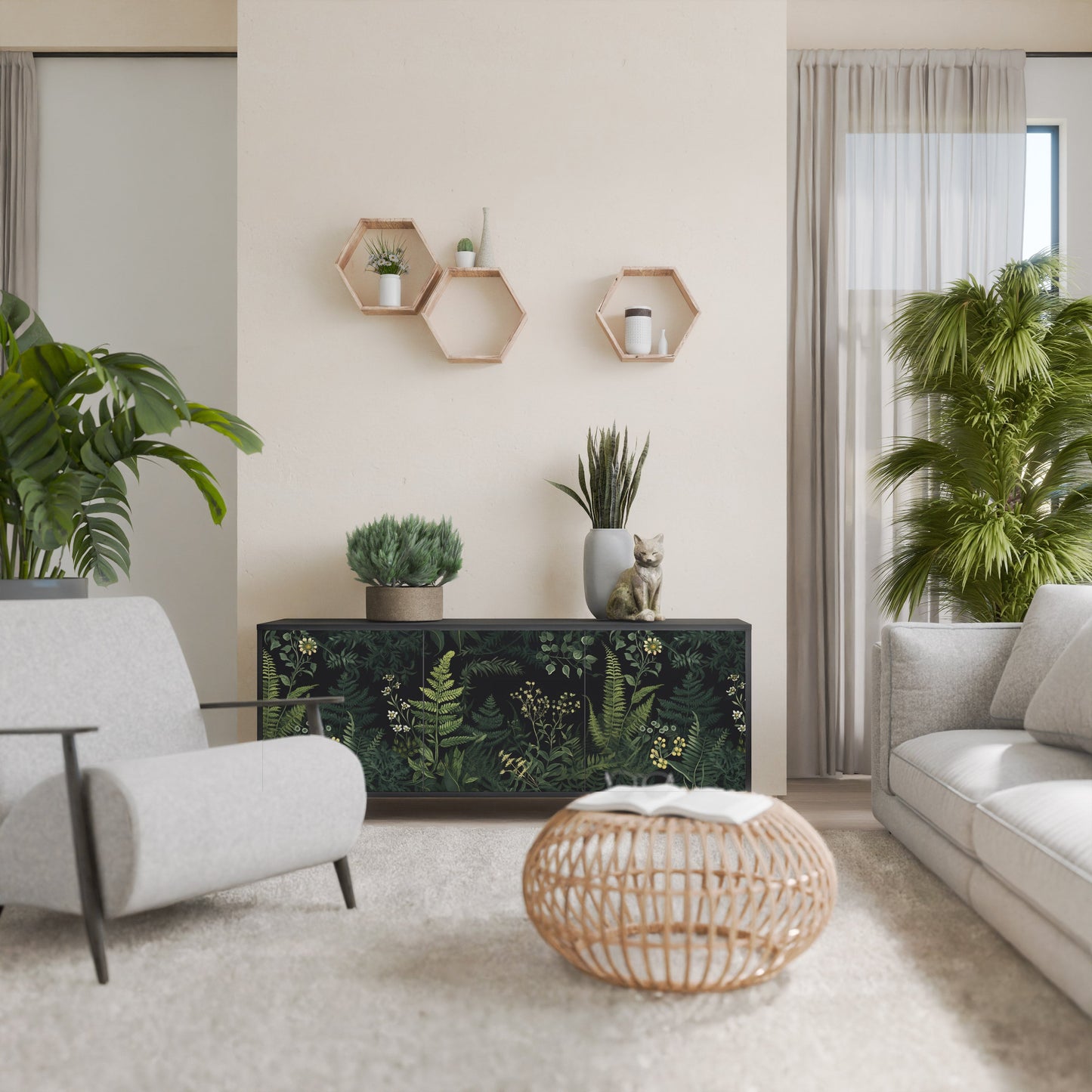 Credenza a 3 ante FERN FLOWERS in finitura nera
