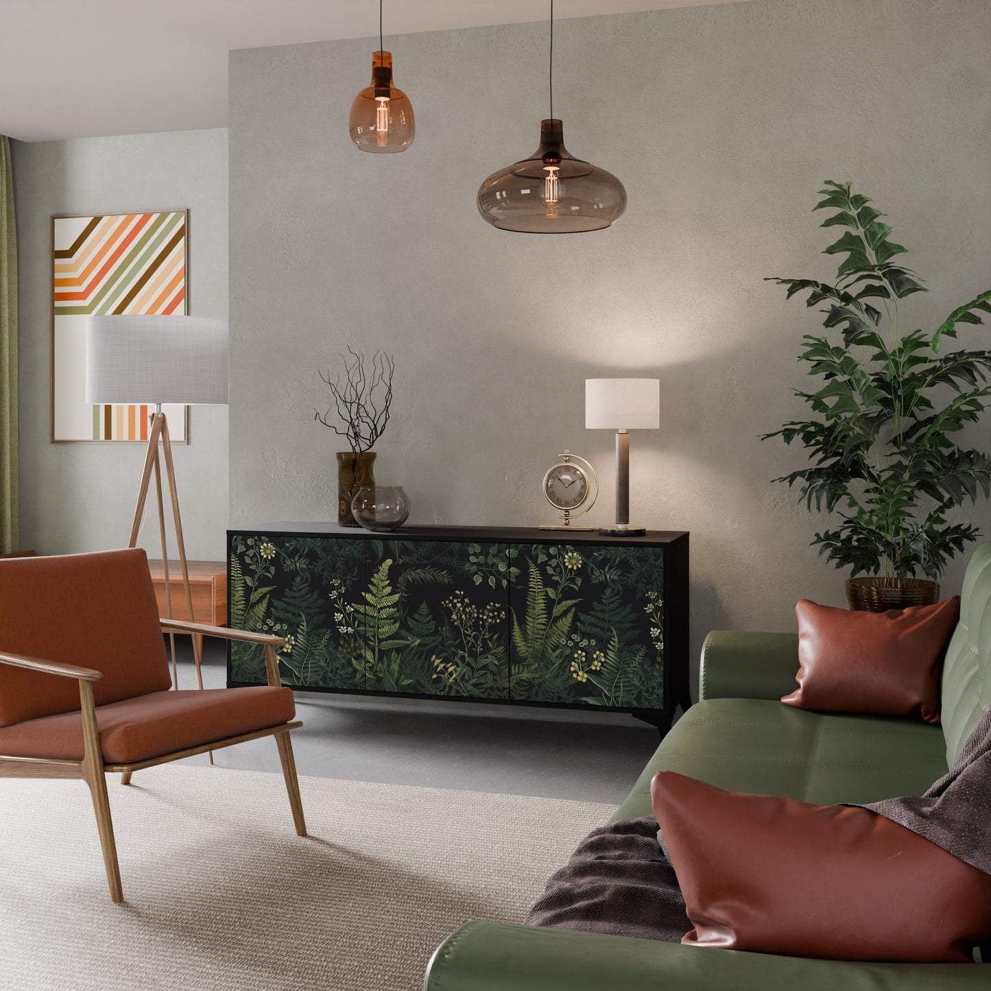 Credenza a 3 ante FERN FLOWERS in finitura nera