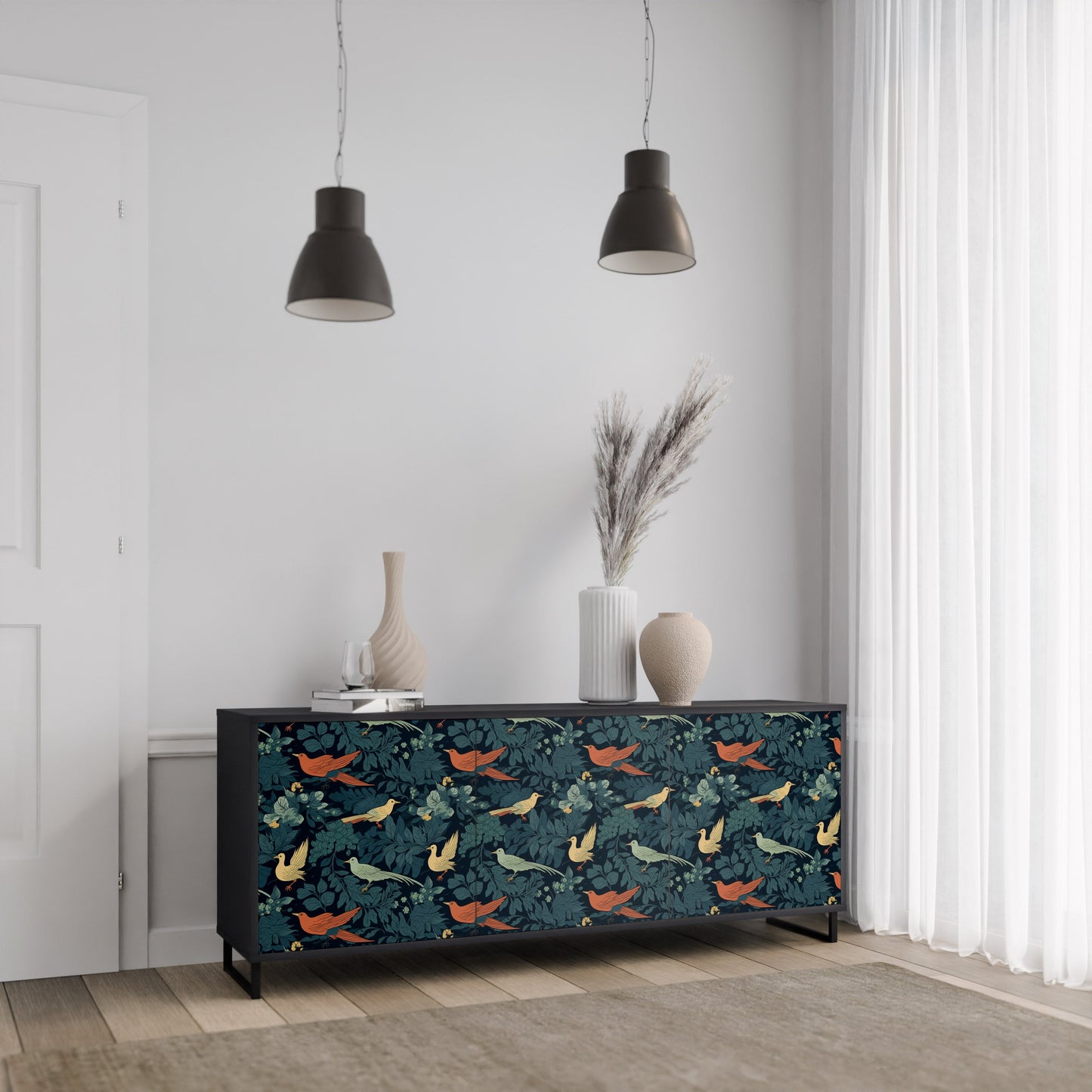 Credenza a 3 ante FOWL ORNAMENT in finitura nera