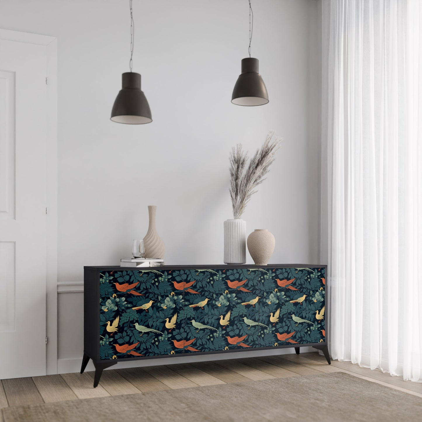 Credenza a 3 ante FOWL ORNAMENT in finitura nera