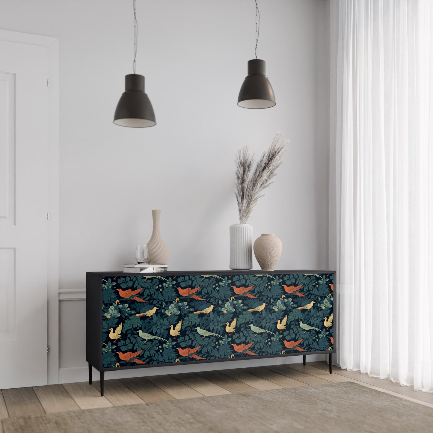 Credenza a 3 ante FOWL ORNAMENT in finitura nera