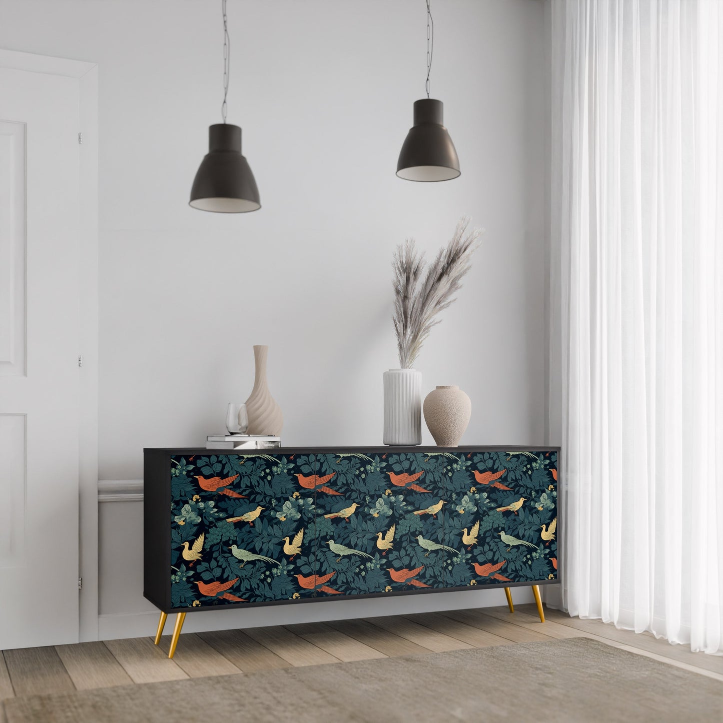 Credenza a 3 ante FOWL ORNAMENT in finitura nera