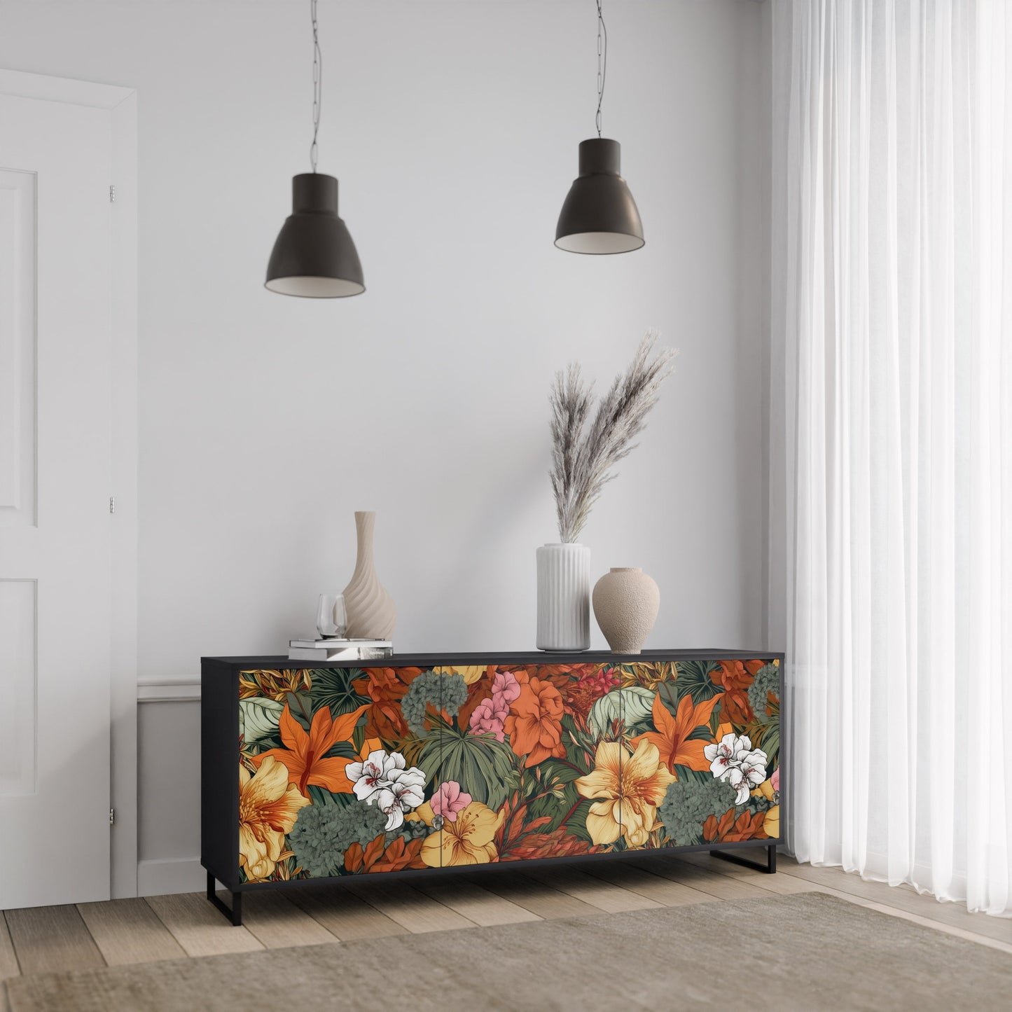 Credenza RADIANT FLORA a 3 ante in finitura nera