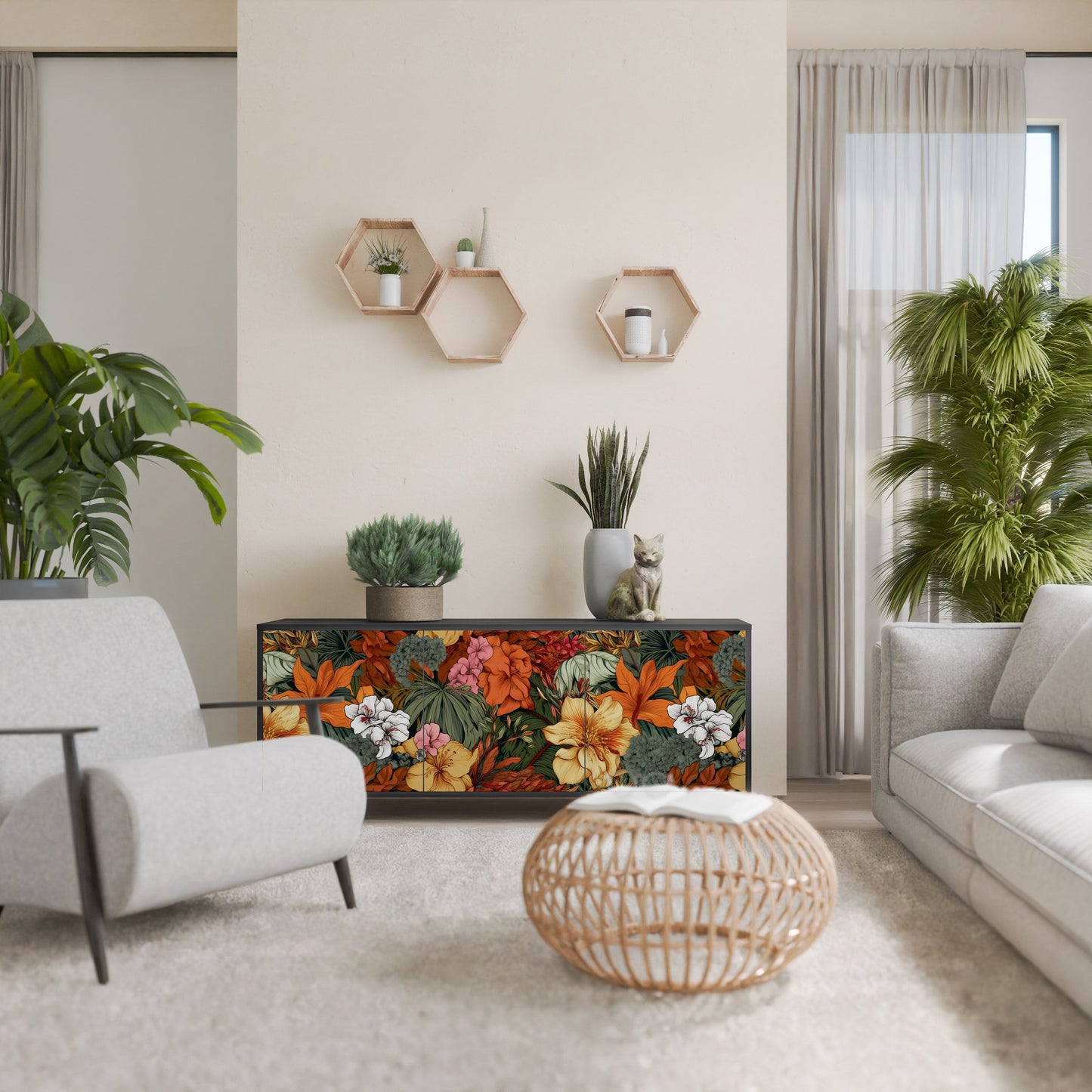 Credenza RADIANT FLORA a 3 ante in finitura nera