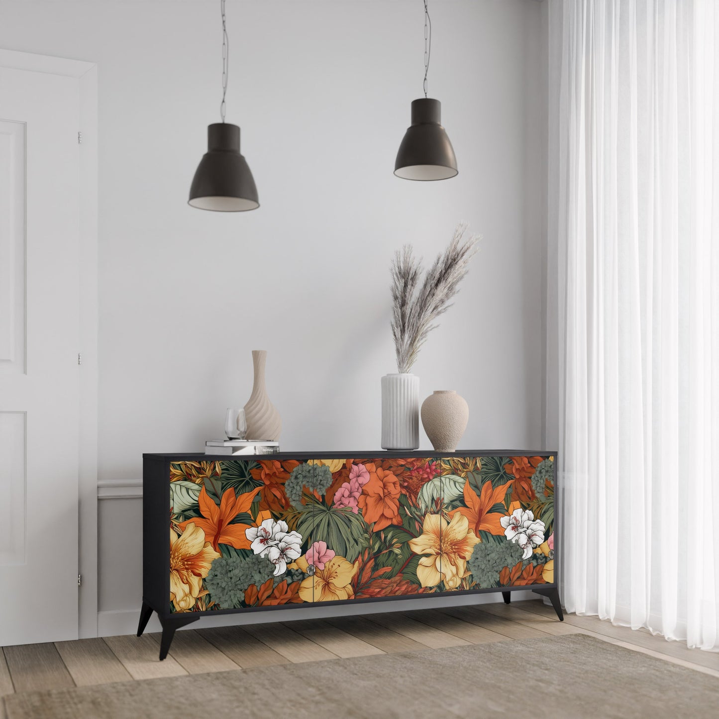 Credenza RADIANT FLORA a 3 ante in finitura nera