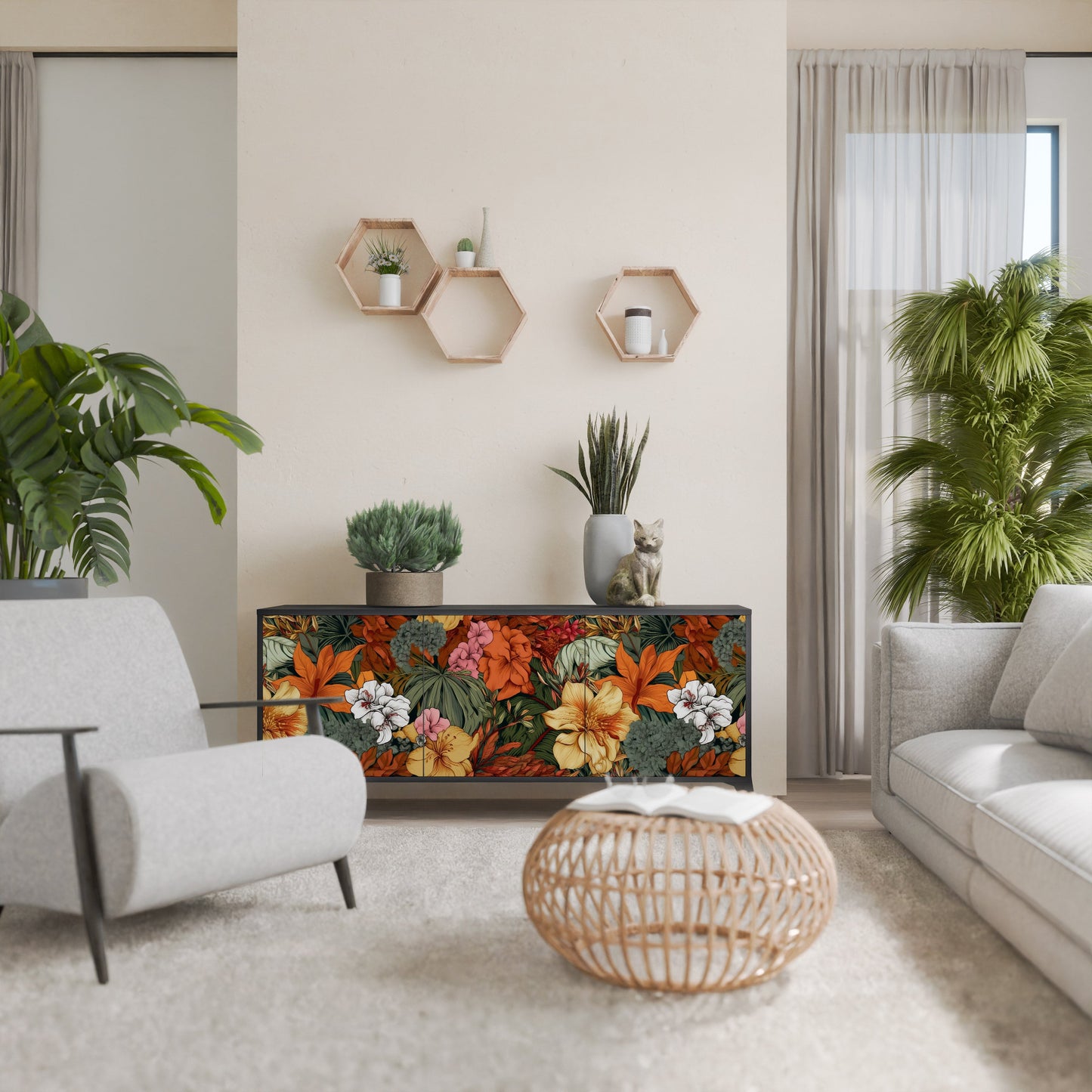 Credenza RADIANT FLORA a 3 ante in finitura nera