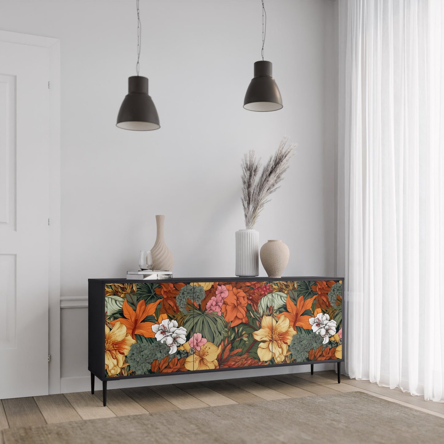 Credenza RADIANT FLORA a 3 ante in finitura nera