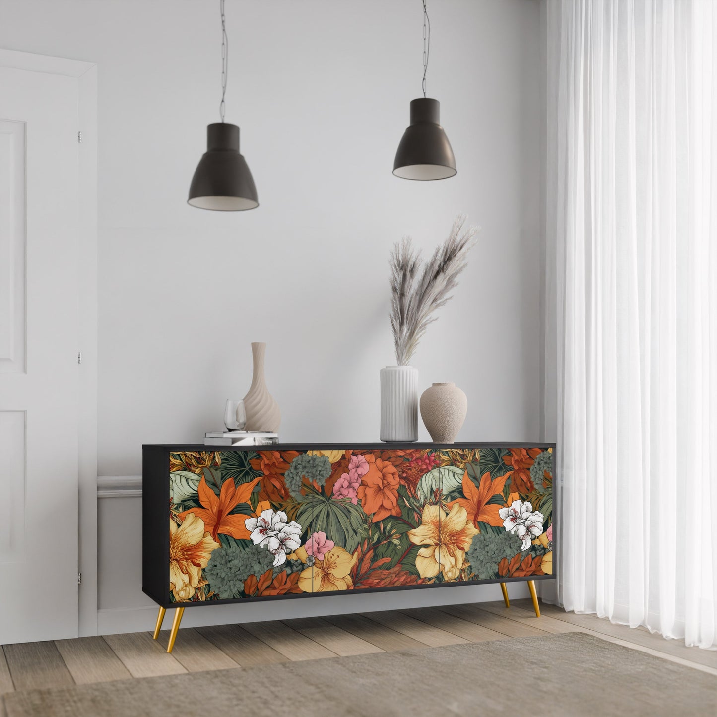 Credenza RADIANT FLORA a 3 ante in finitura nera