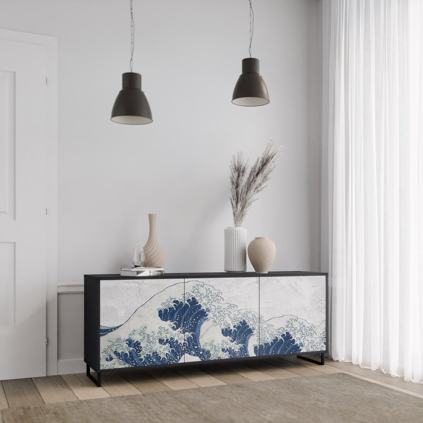 Credenza a 3 ante THE GREAT WAVE AT KANAGAWA in finitura nera