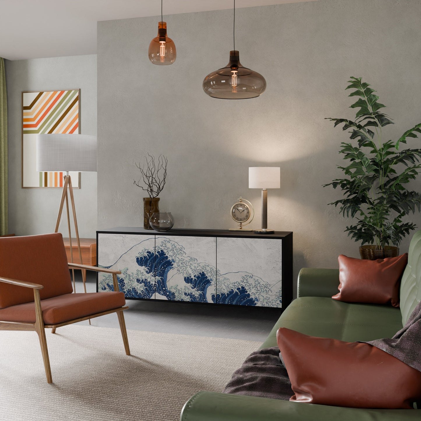 Credenza a 3 ante THE GREAT WAVE AT KANAGAWA in finitura nera