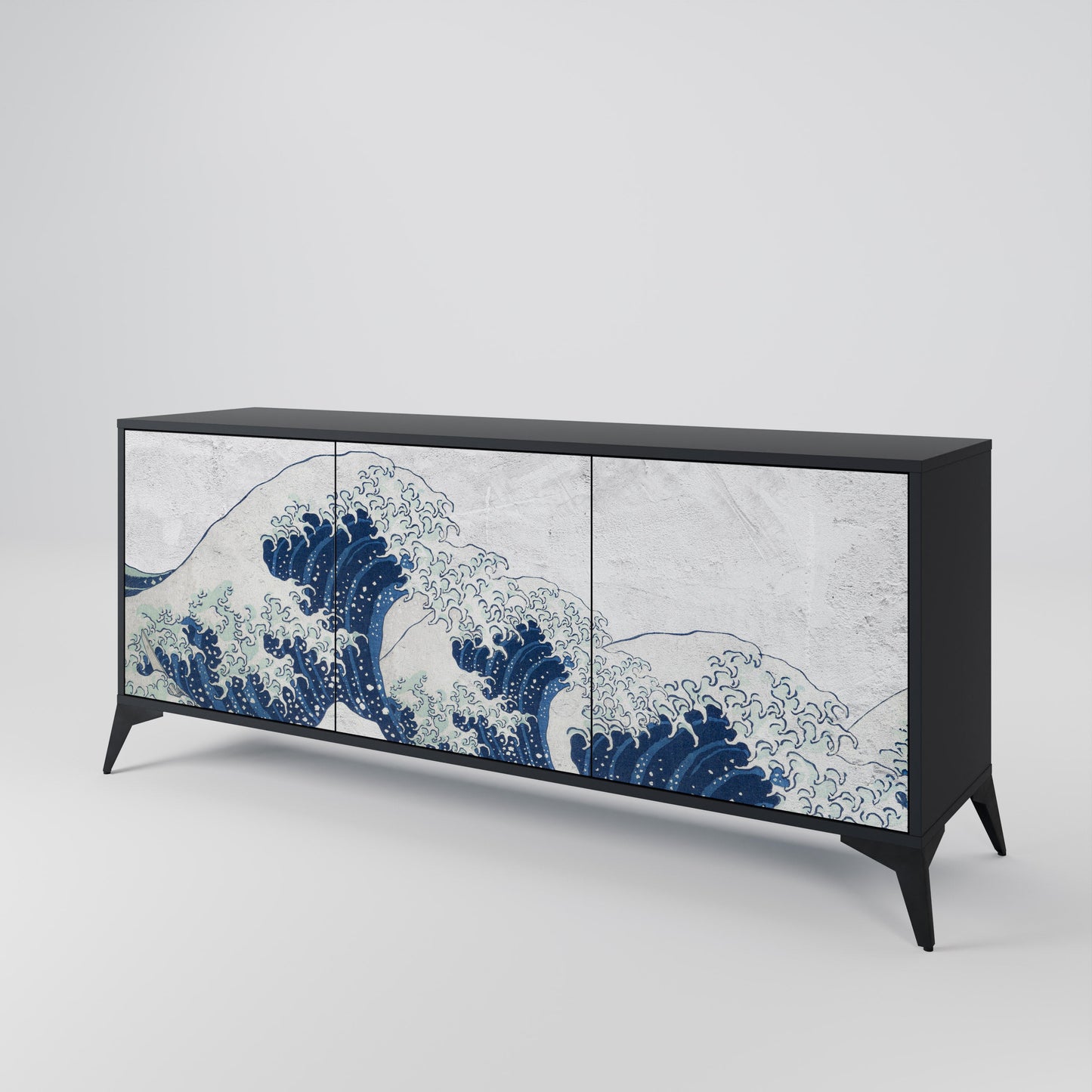 Credenza a 3 ante THE GREAT WAVE AT KANAGAWA in finitura nera