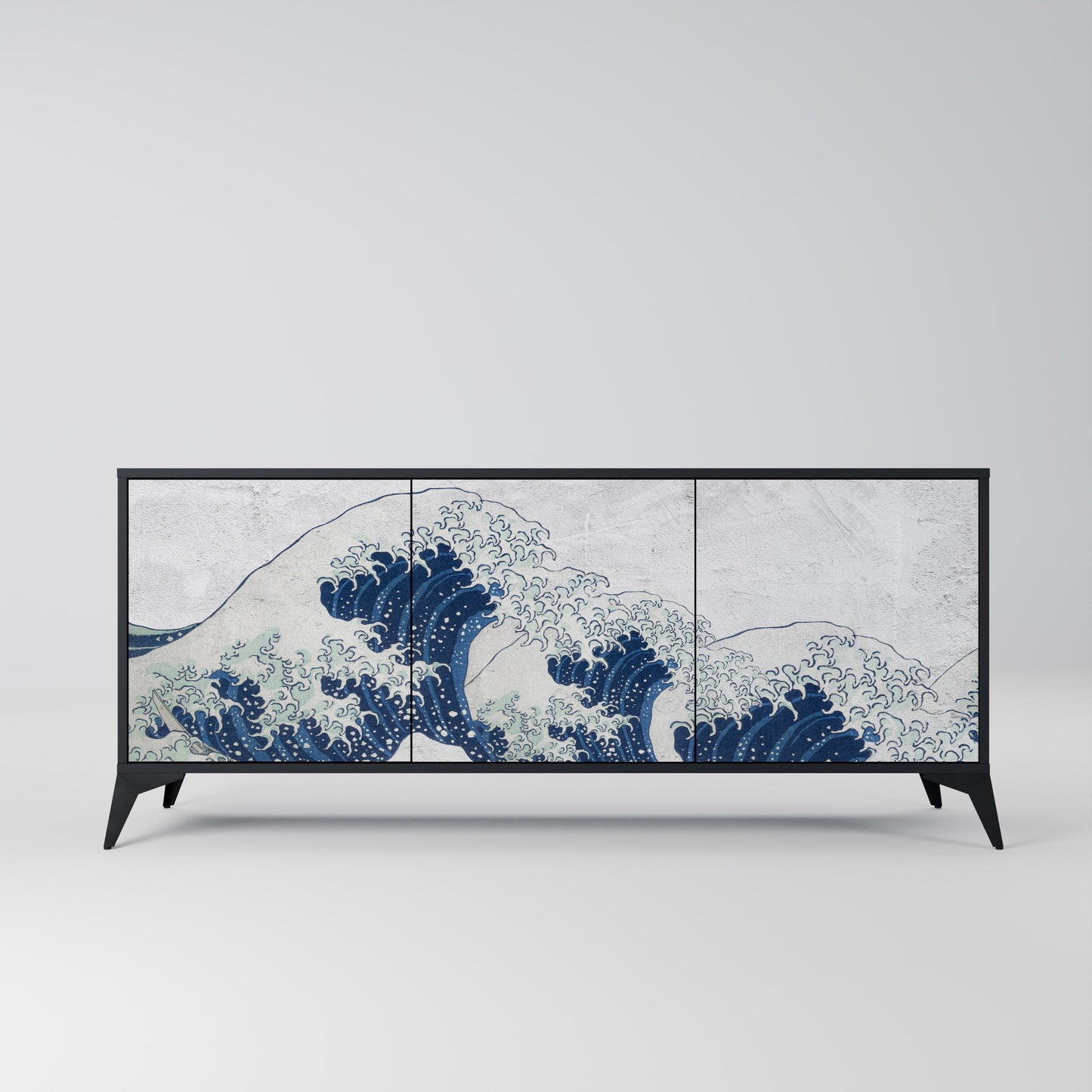 Credenza a 3 ante THE GREAT WAVE AT KANAGAWA in finitura nera