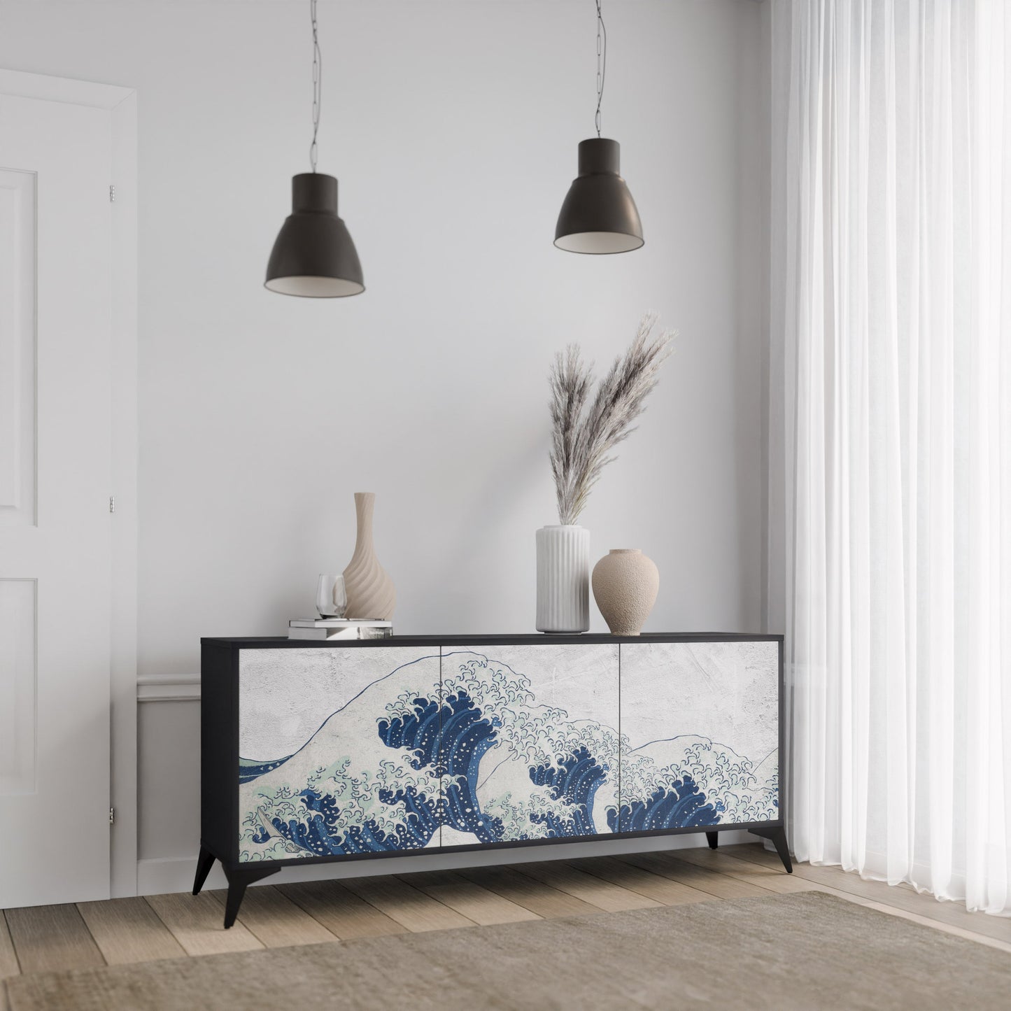 Credenza a 3 ante THE GREAT WAVE AT KANAGAWA in finitura nera