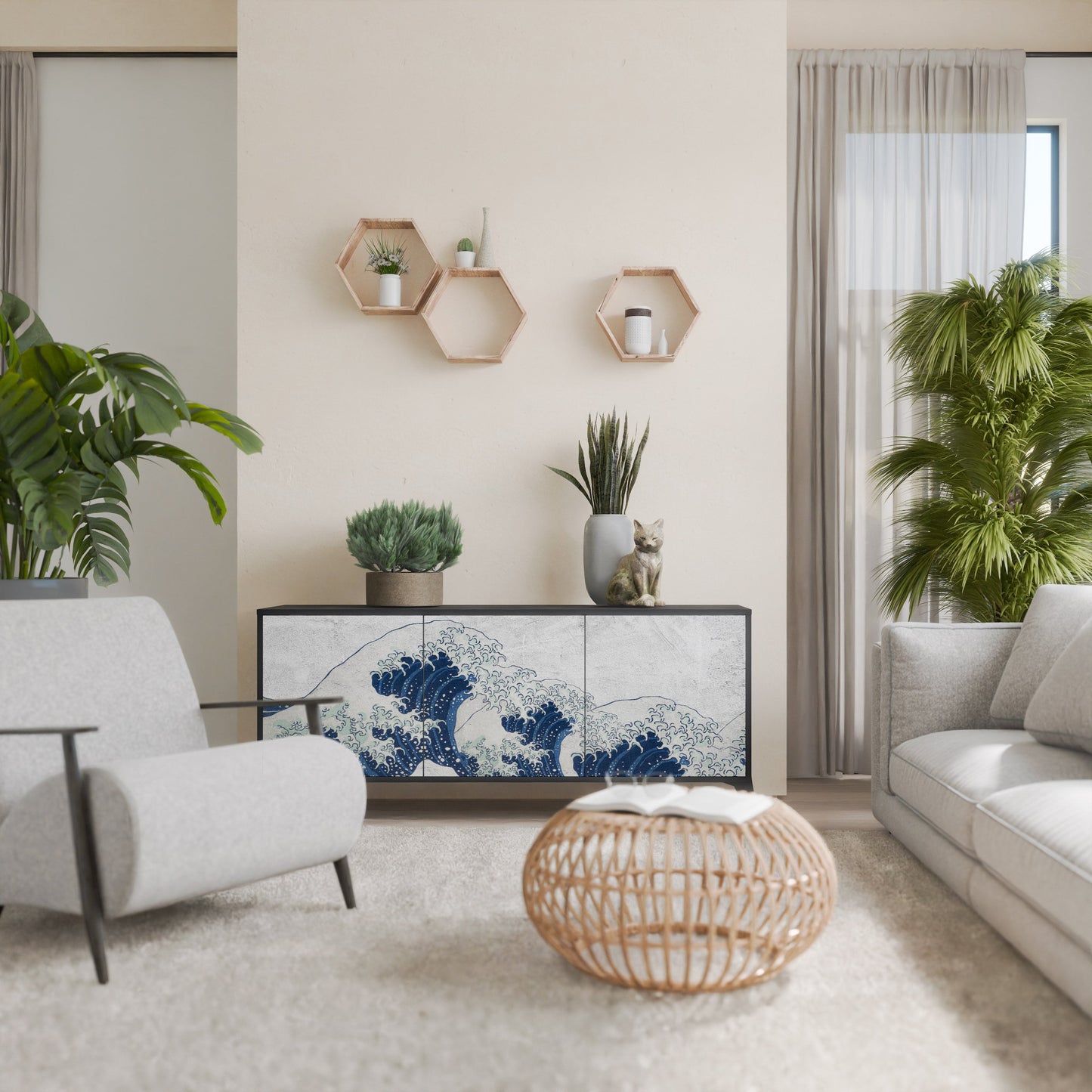 Credenza a 3 ante THE GREAT WAVE AT KANAGAWA in finitura nera