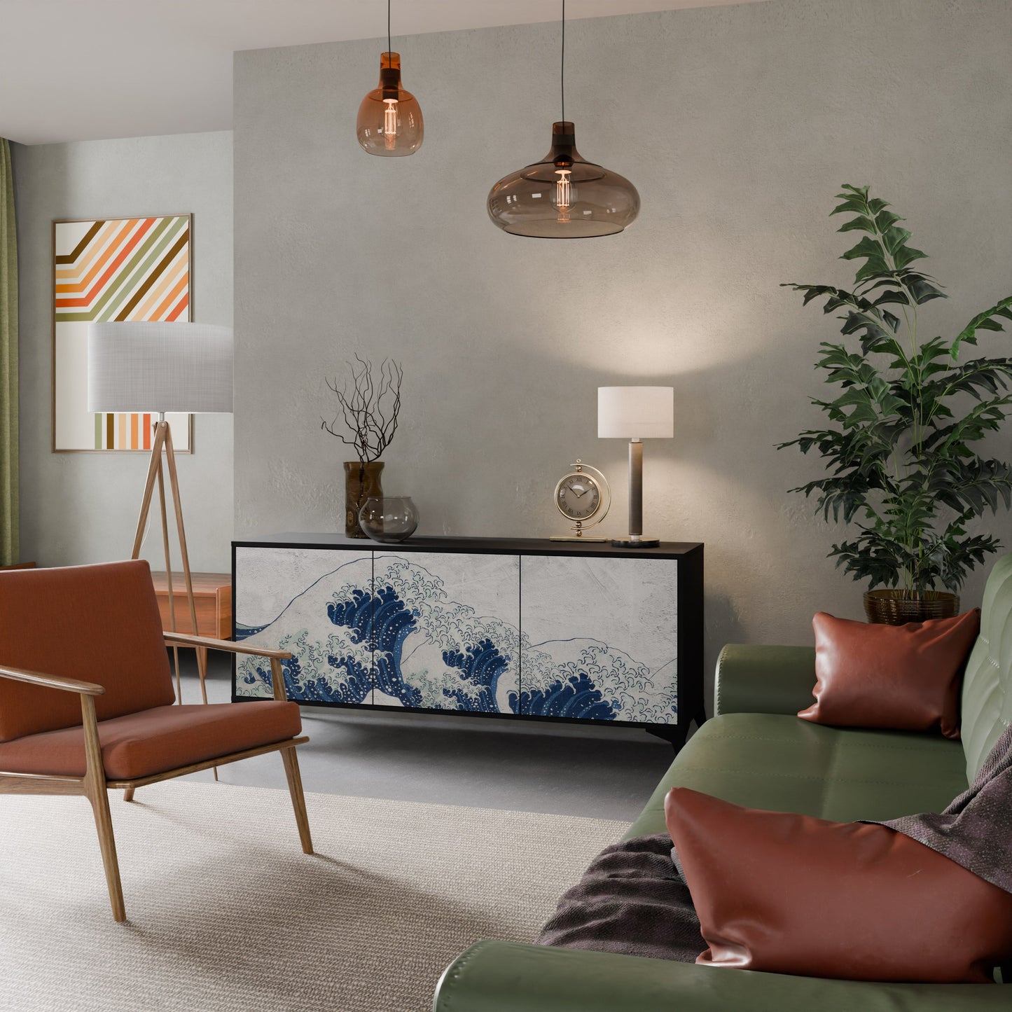Credenza a 3 ante THE GREAT WAVE AT KANAGAWA in finitura nera