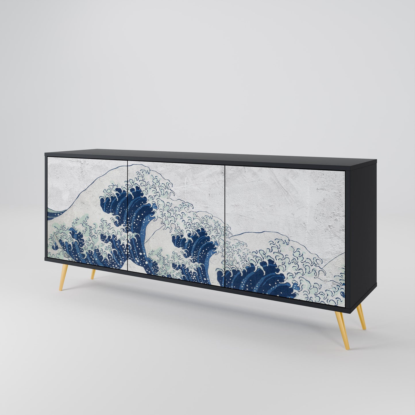 Credenza a 3 ante THE GREAT WAVE AT KANAGAWA in finitura nera