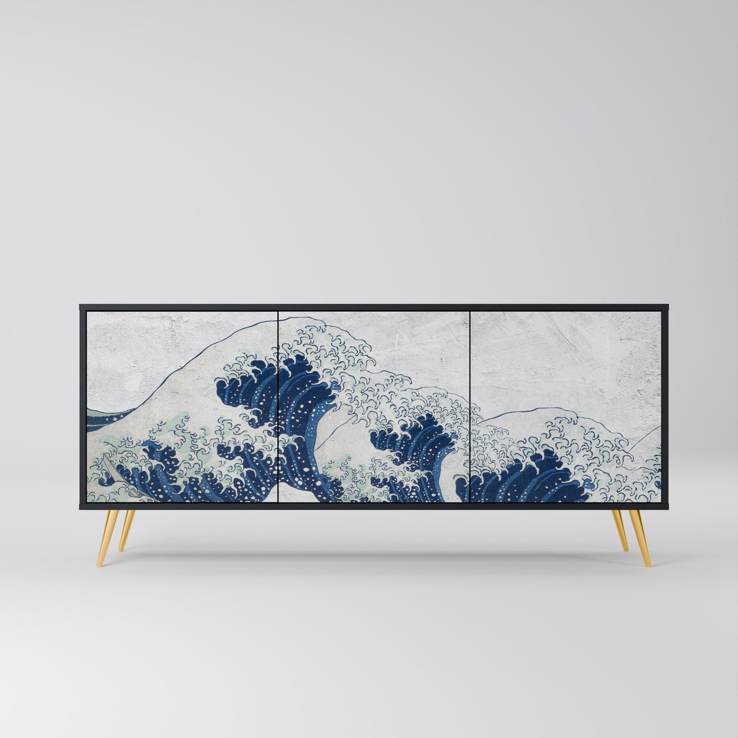Credenza a 3 ante THE GREAT WAVE AT KANAGAWA in finitura nera