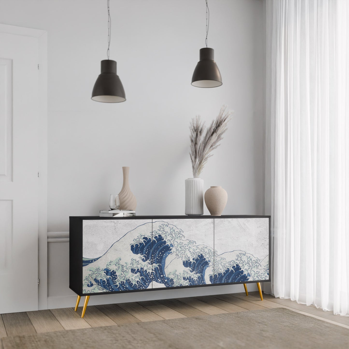 Credenza a 3 ante THE GREAT WAVE AT KANAGAWA in finitura nera