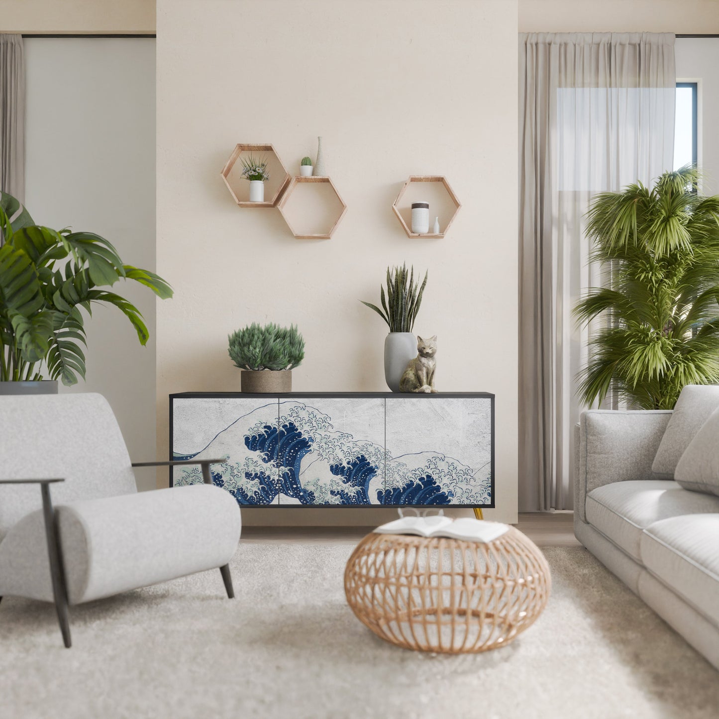 Credenza a 3 ante THE GREAT WAVE AT KANAGAWA in finitura nera