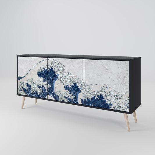 Credenza a 3 ante THE GREAT WAVE AT KANAGAWA in finitura nera