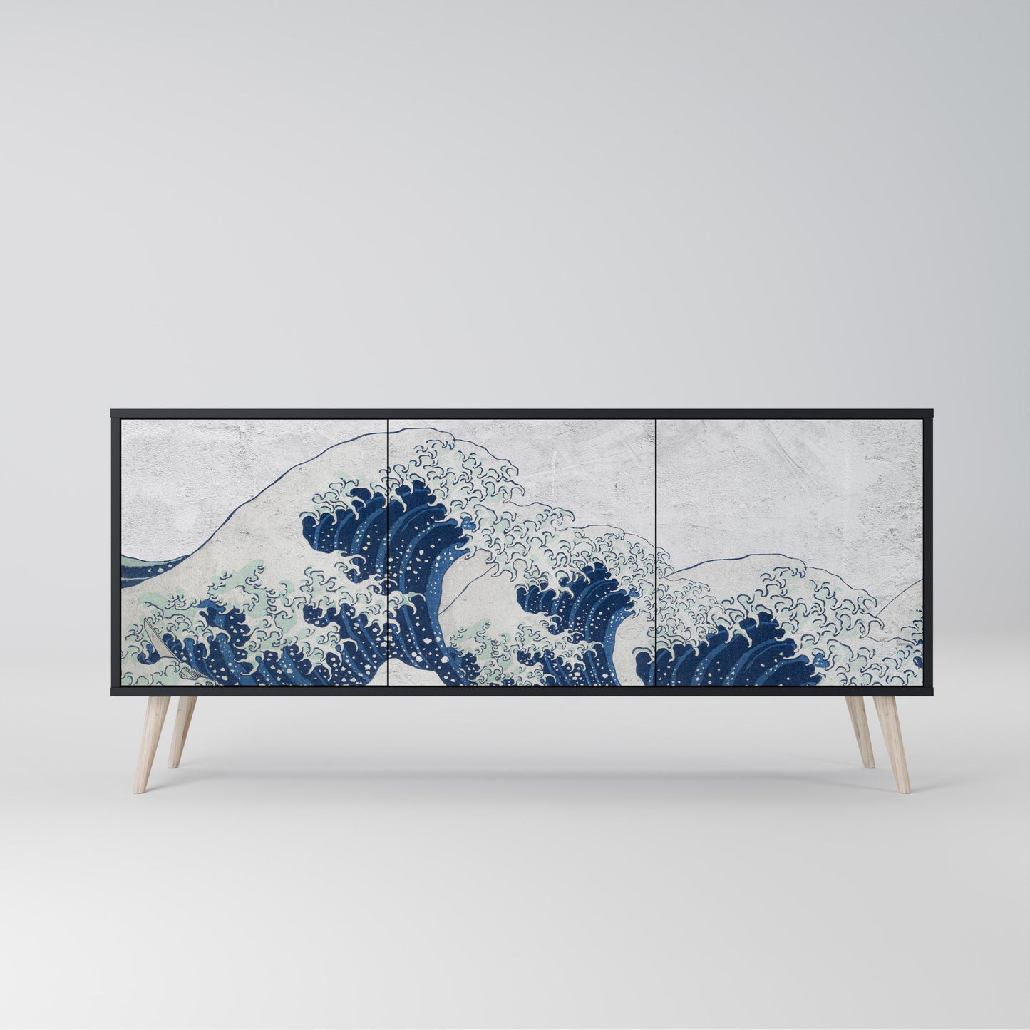 Credenza a 3 ante THE GREAT WAVE AT KANAGAWA in finitura nera