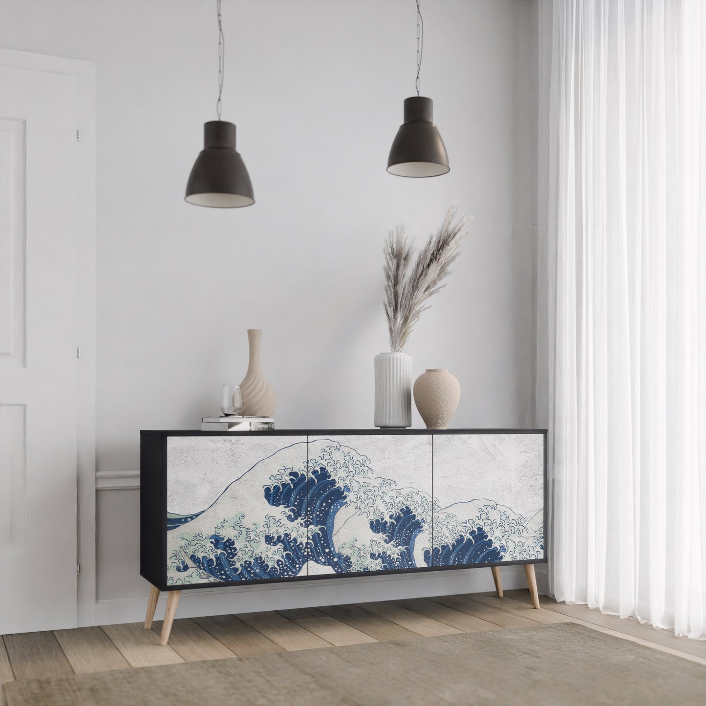 Credenza a 3 ante THE GREAT WAVE AT KANAGAWA in finitura nera