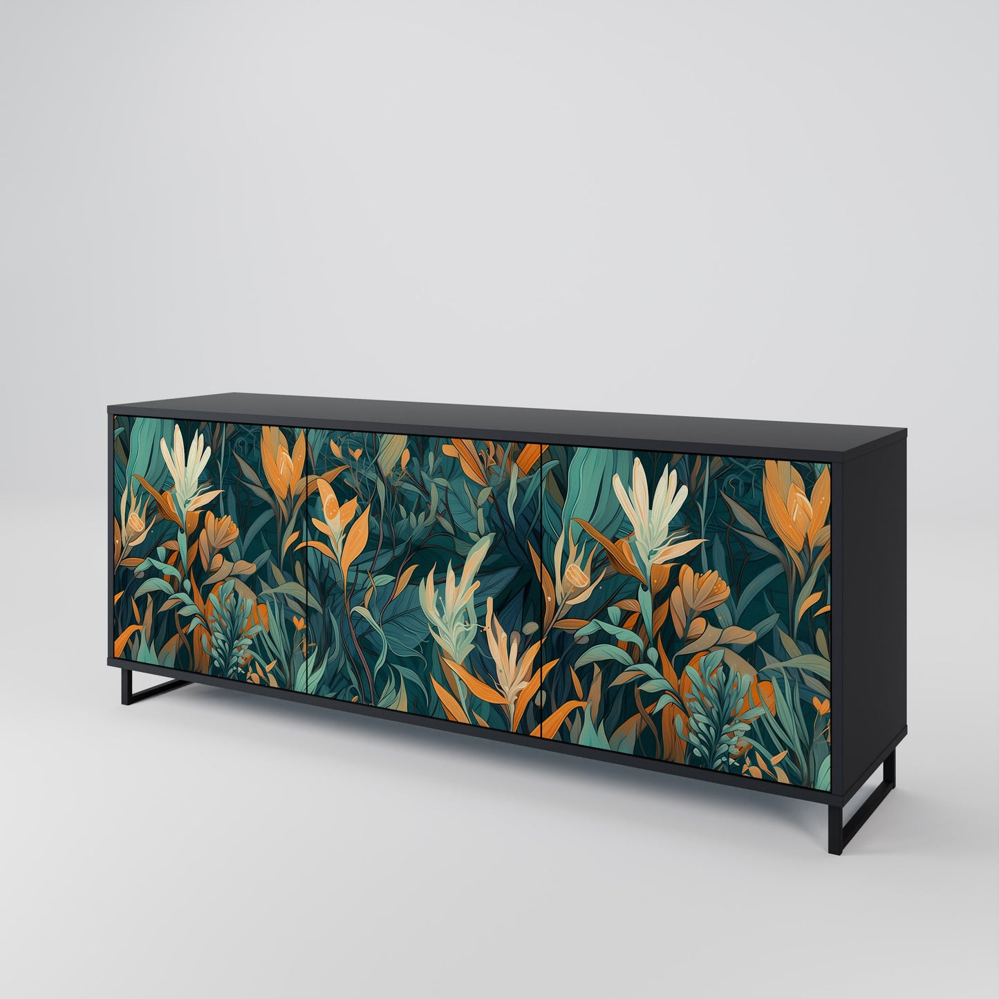 Credenza a 3 ante FLORAL SERENITY in finitura nera