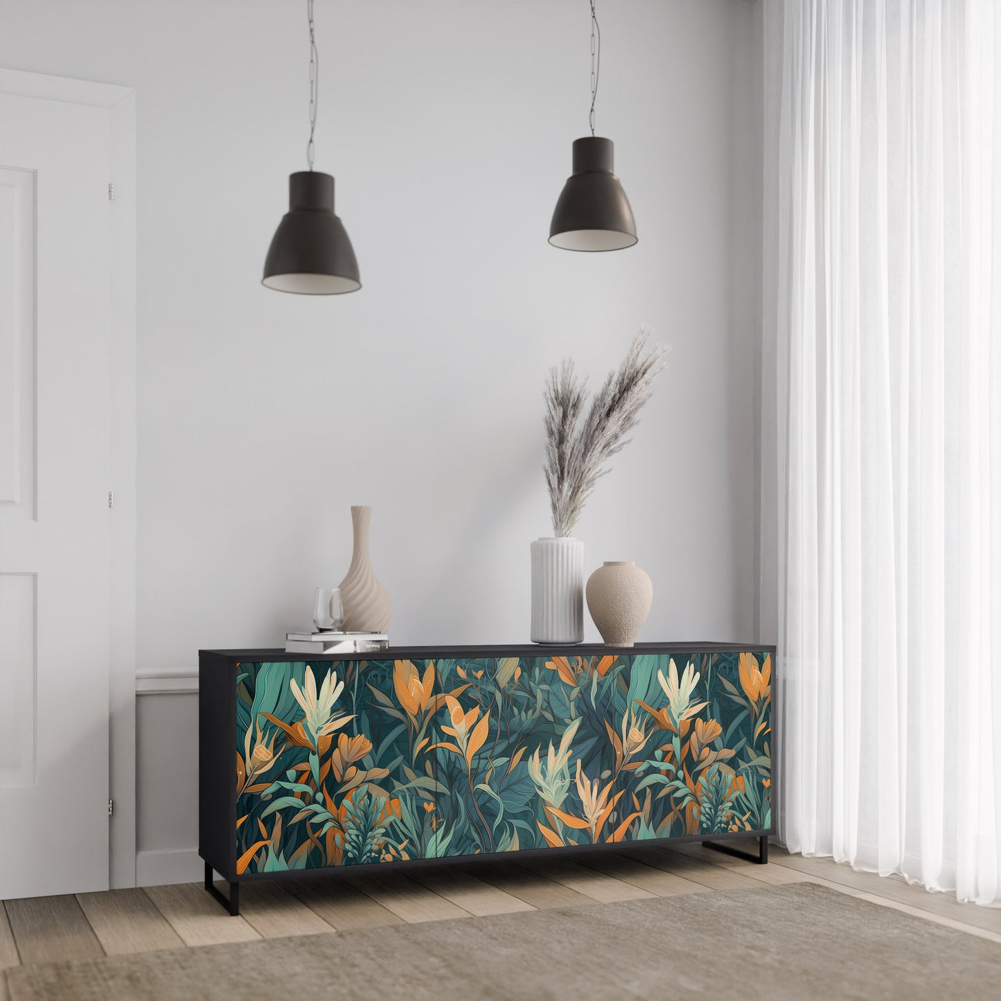 Credenza a 3 ante FLORAL SERENITY in finitura nera