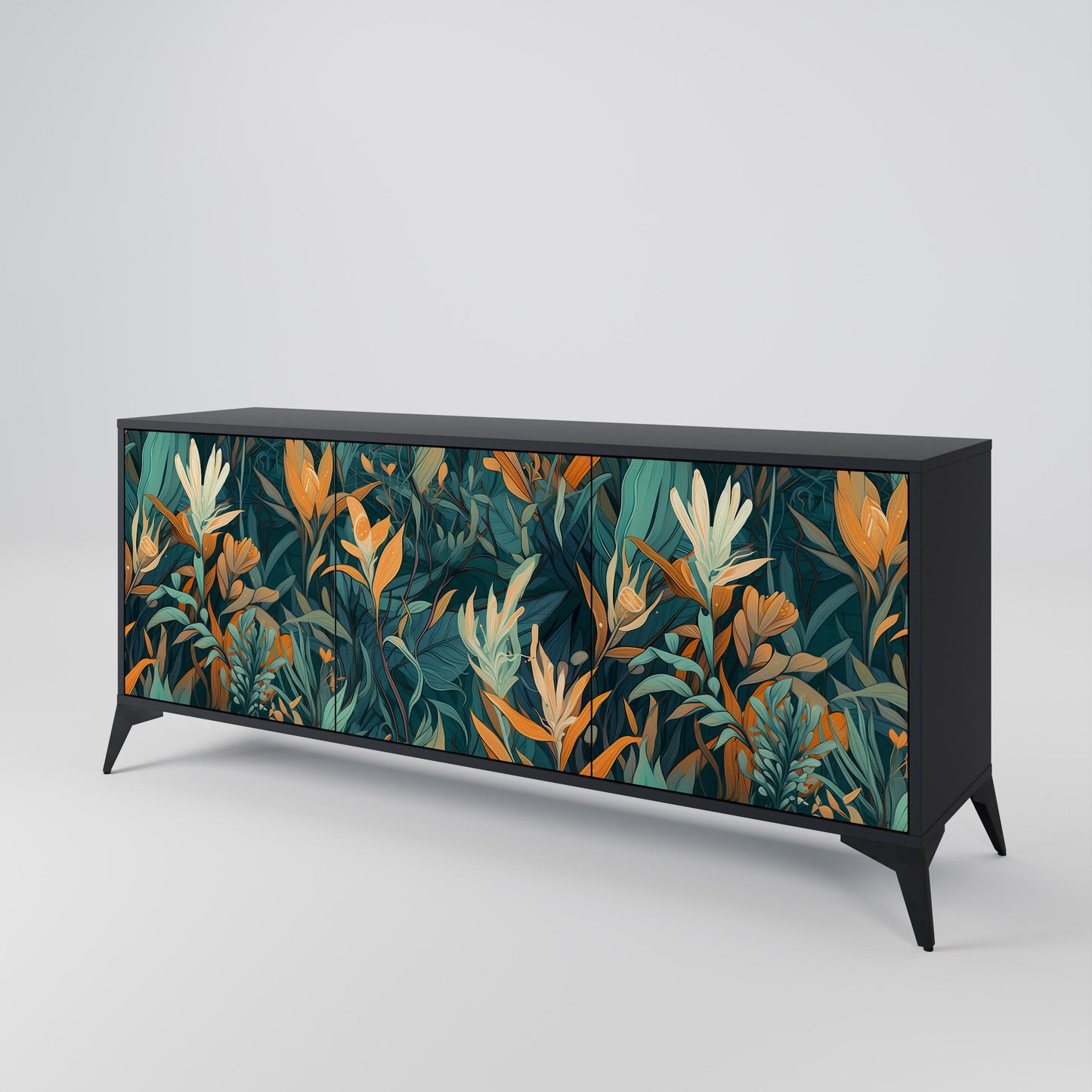 Credenza a 3 ante FLORAL SERENITY in finitura nera
