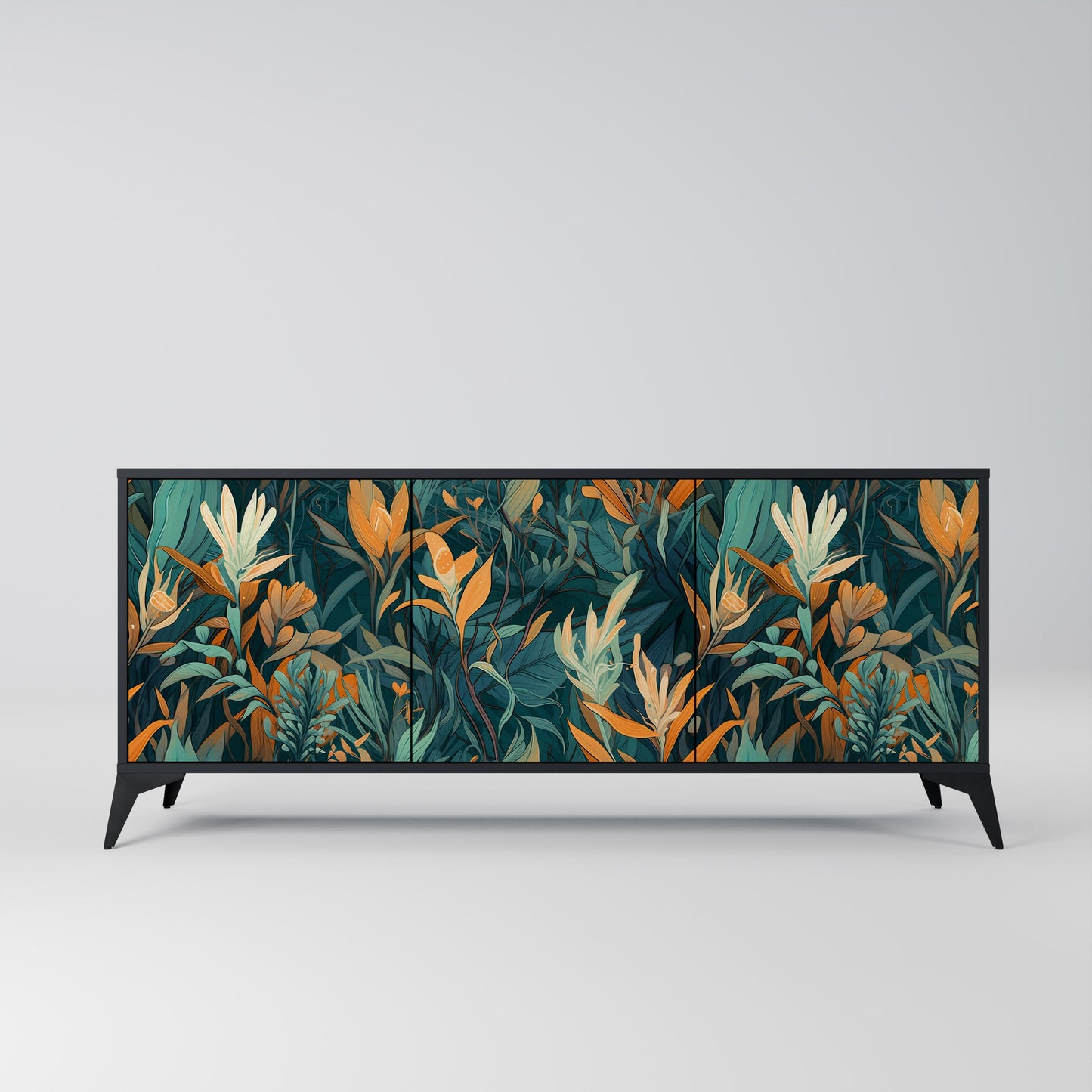 Credenza a 3 ante FLORAL SERENITY in finitura nera