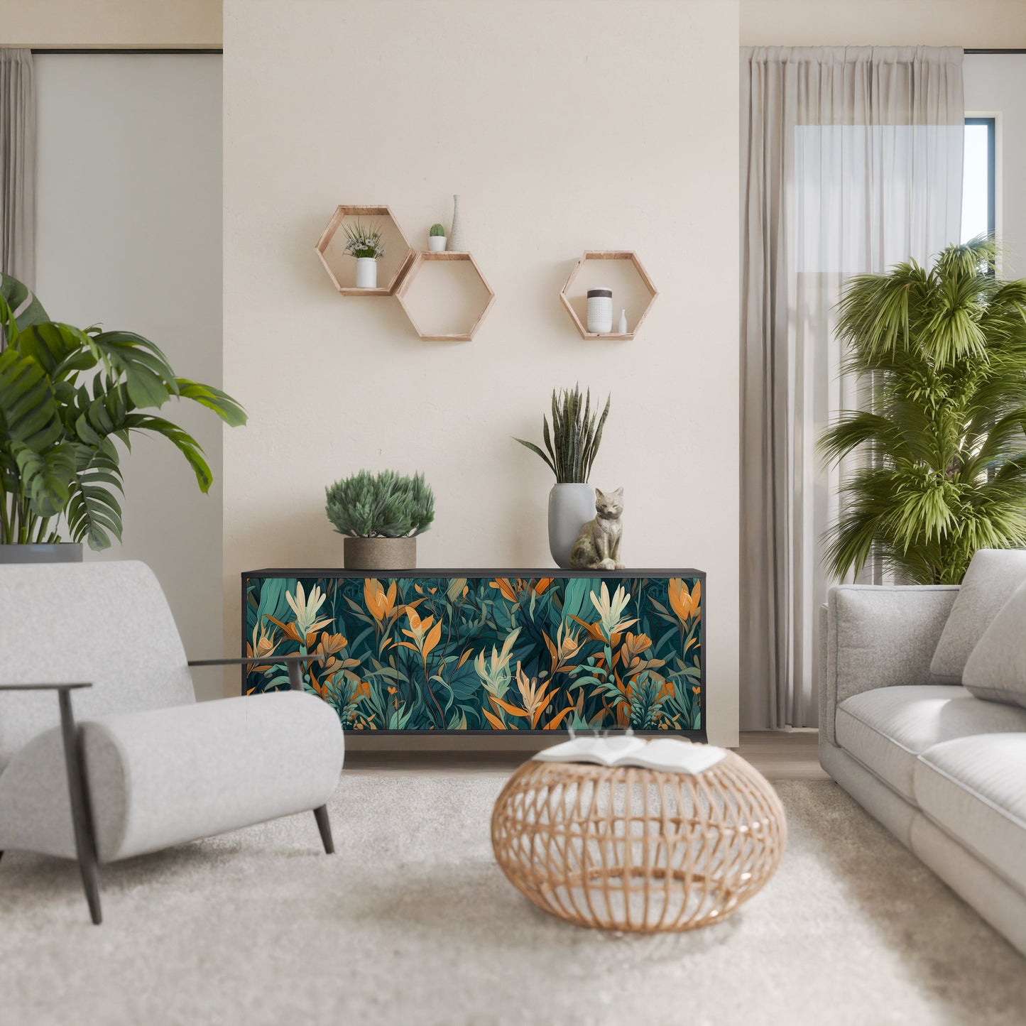Credenza a 3 ante FLORAL SERENITY in finitura nera