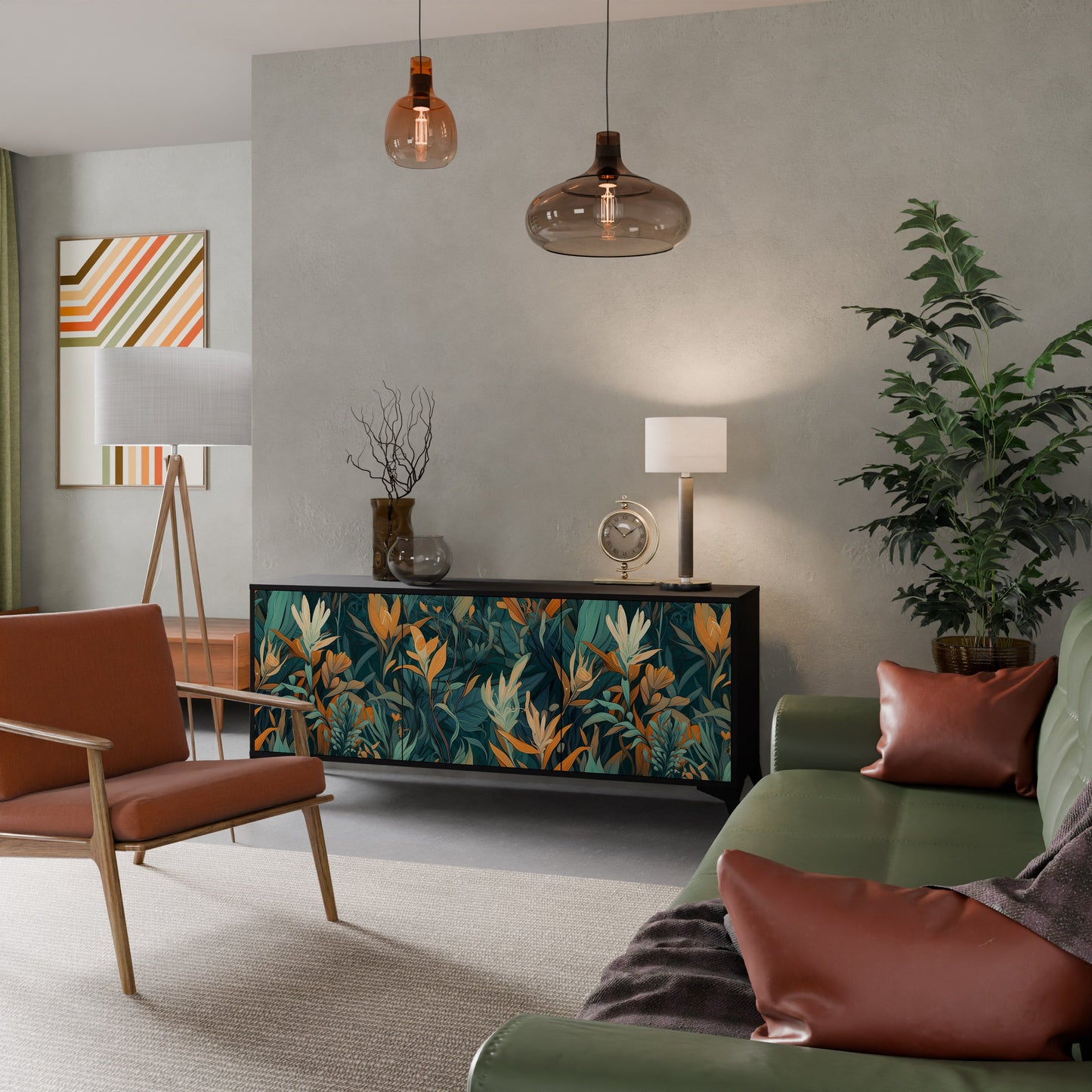 Credenza a 3 ante FLORAL SERENITY in finitura nera