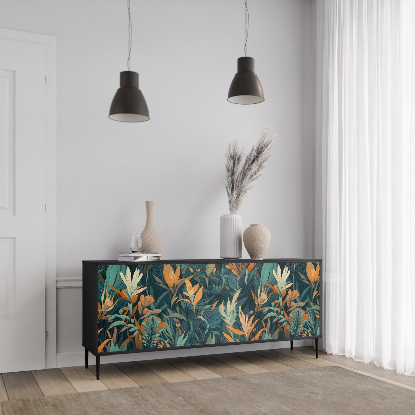 Credenza a 3 ante FLORAL SERENITY in finitura nera