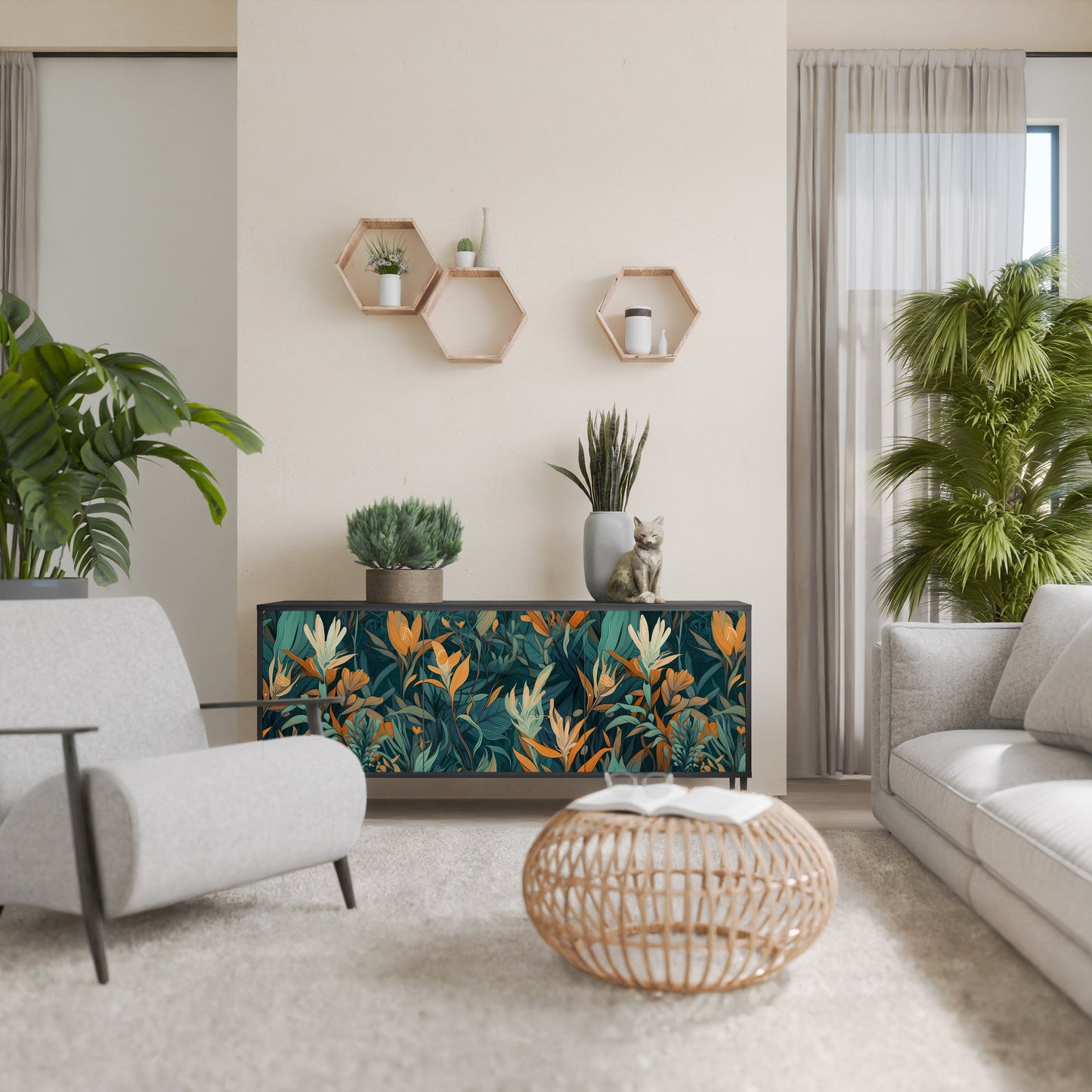 Credenza a 3 ante FLORAL SERENITY in finitura nera