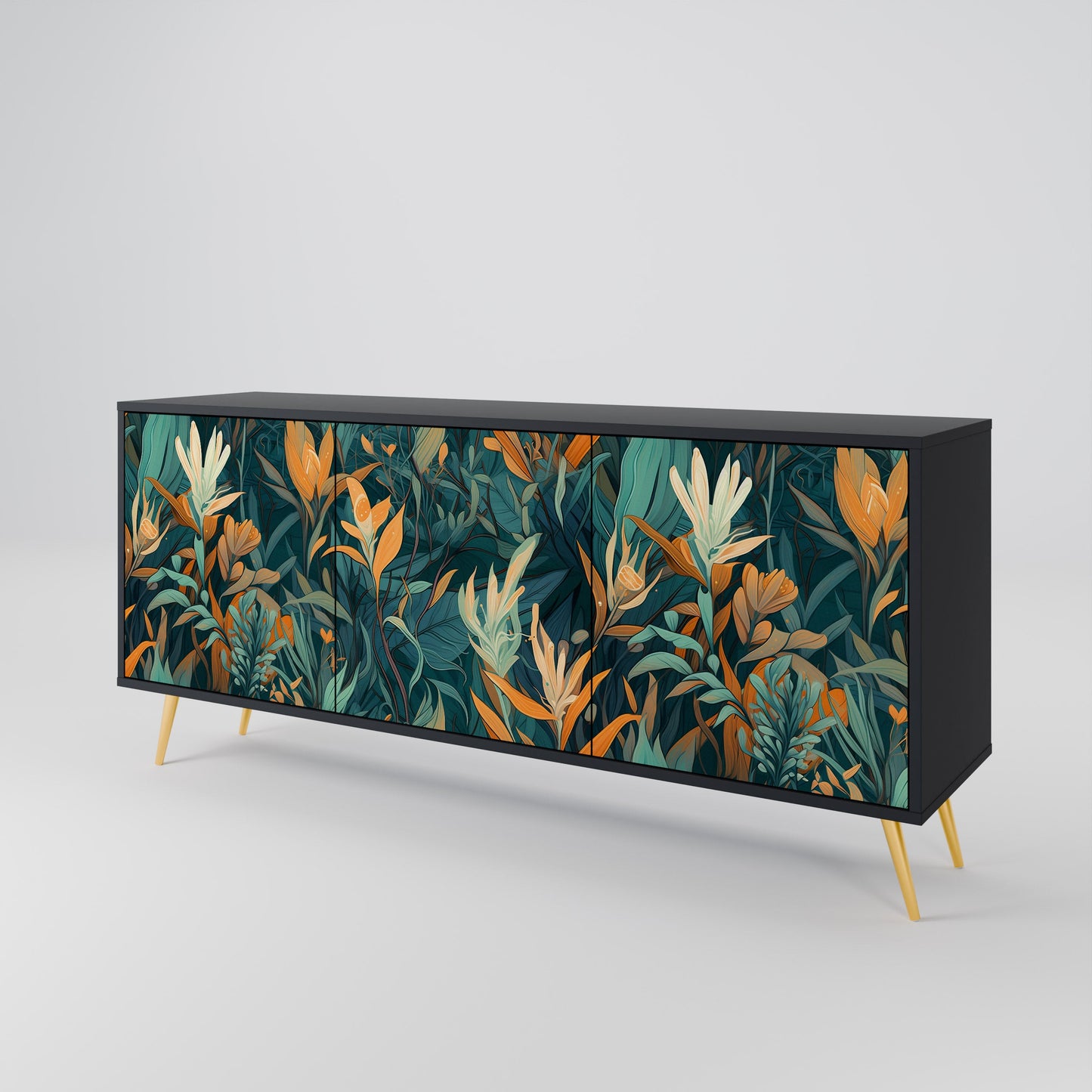 Credenza a 3 ante FLORAL SERENITY in finitura nera