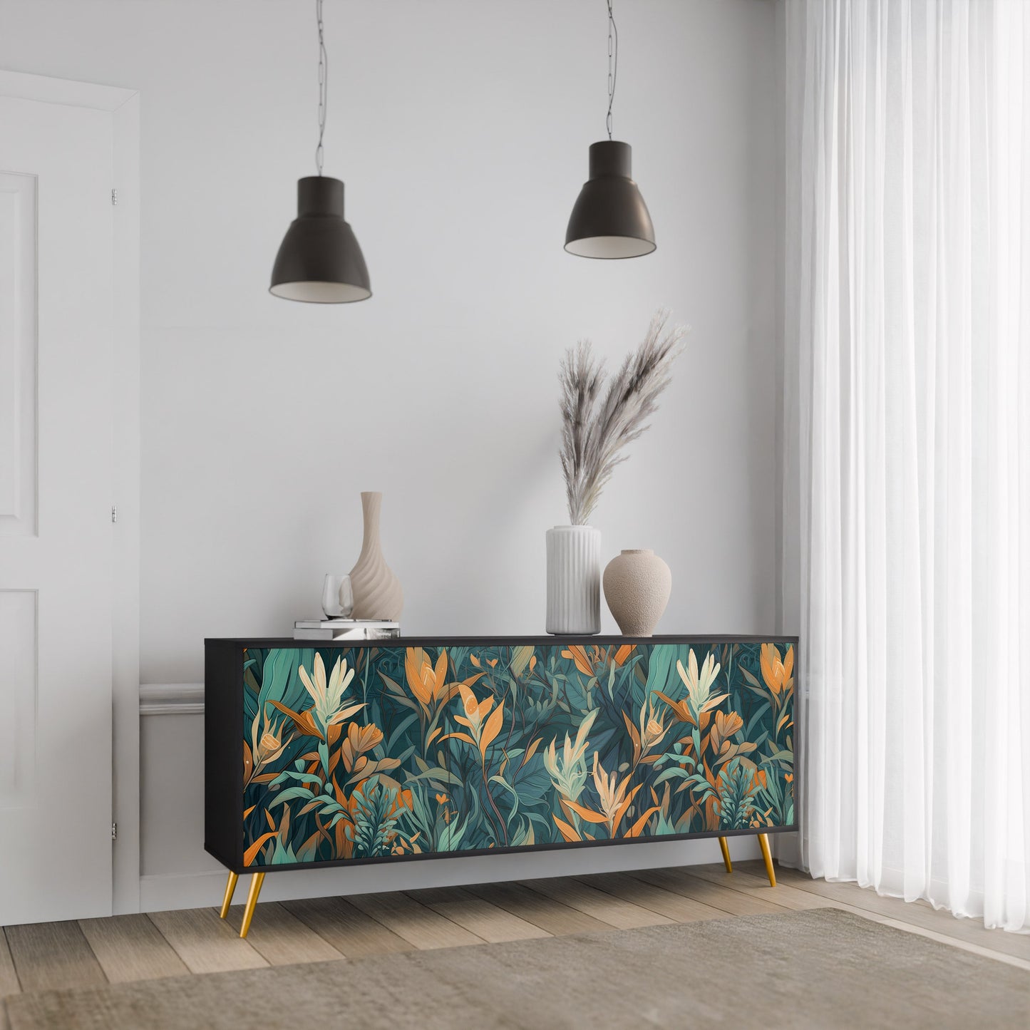 Credenza a 3 ante FLORAL SERENITY in finitura nera