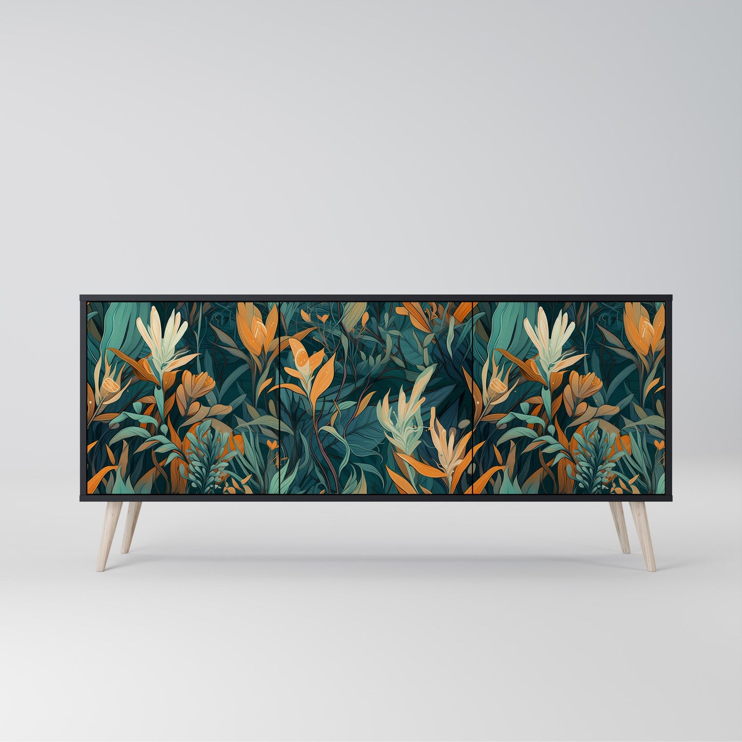 Credenza a 3 ante FLORAL SERENITY in finitura nera